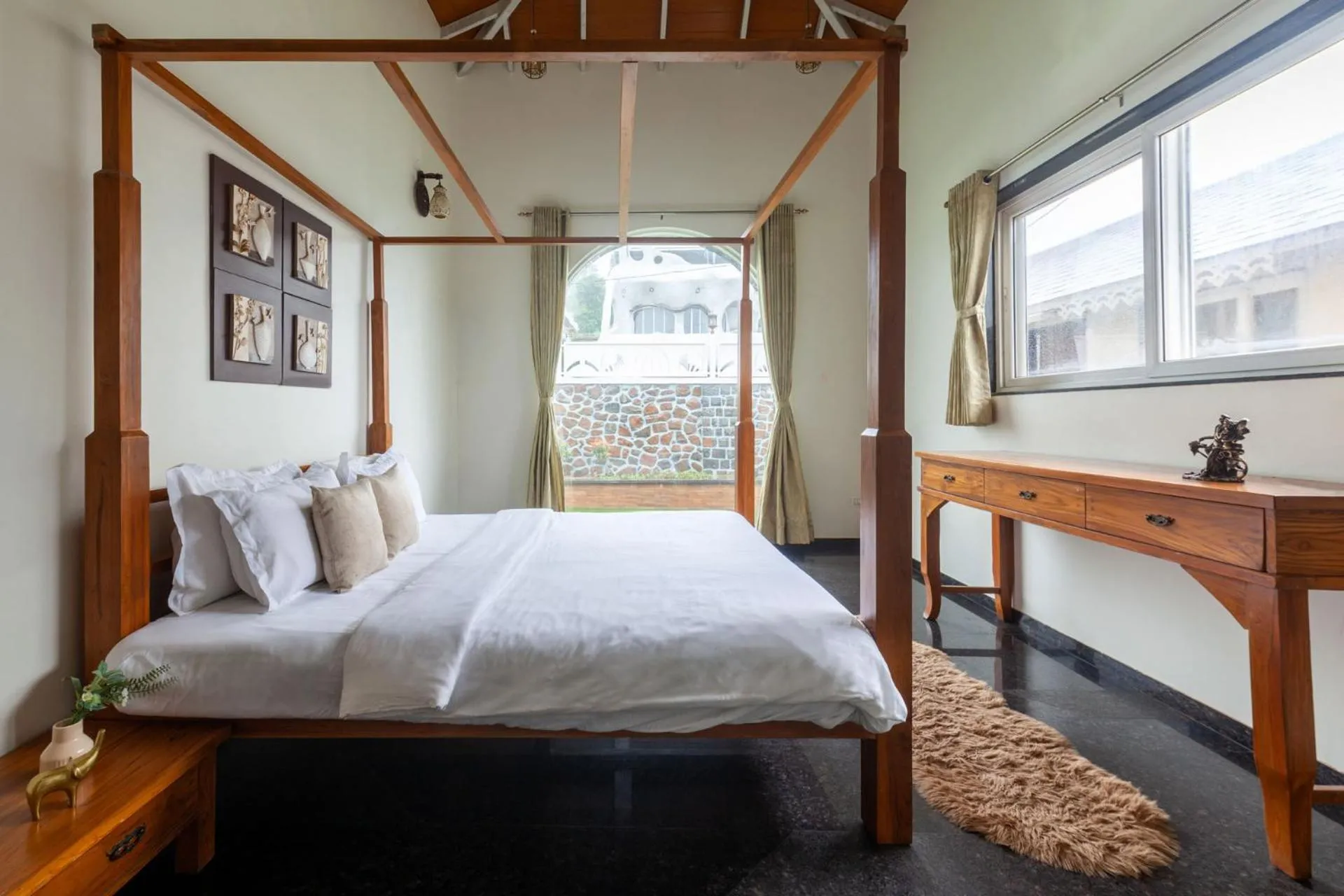 Bedroom, Bed in Lake Arches by StayVista - Lakeside villa with Infinity pool, Gazebo & Modern Greek interiors