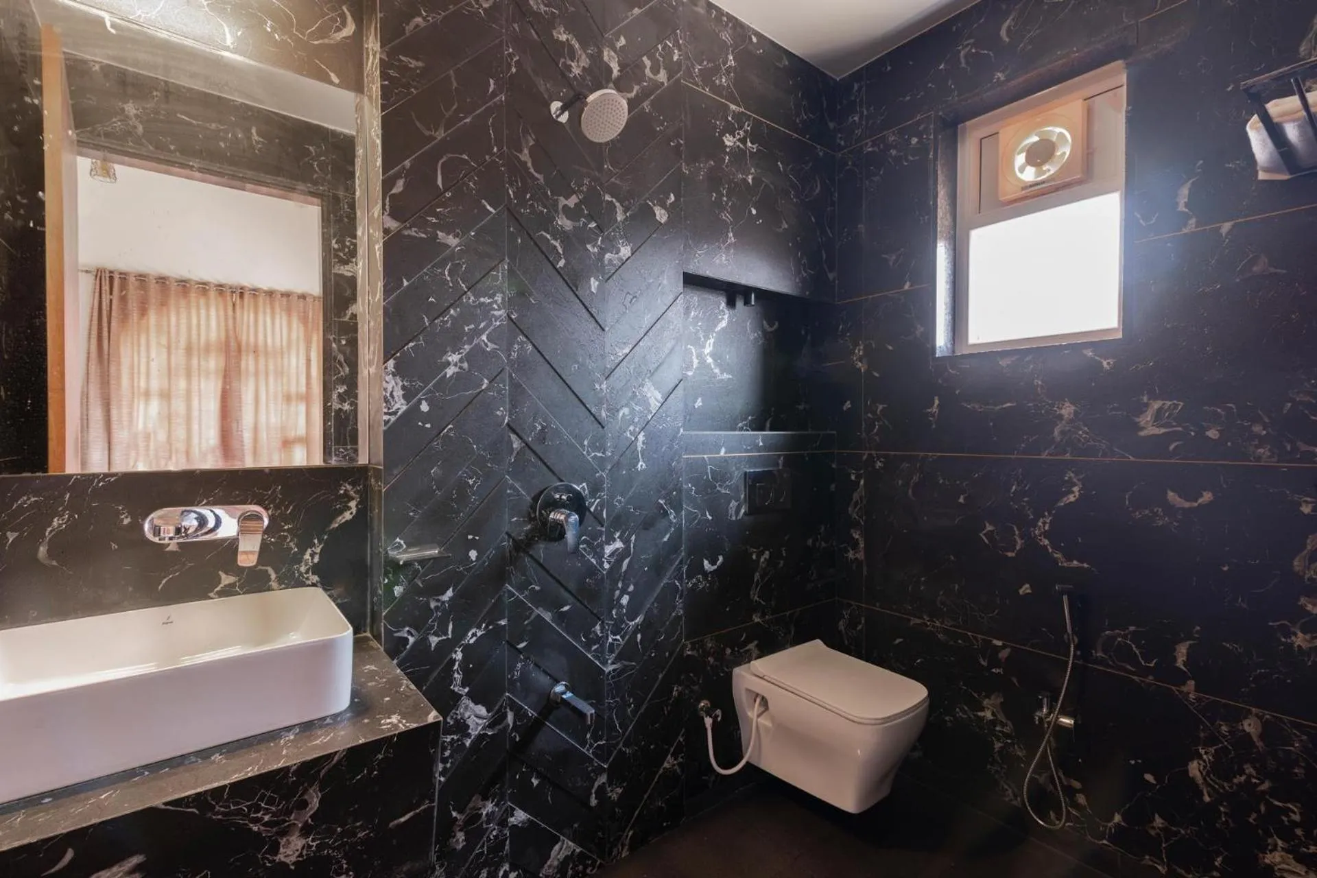 Bathroom in Lake Arches by StayVista - Lakeside villa with Infinity pool, Gazebo & Modern Greek interiors
