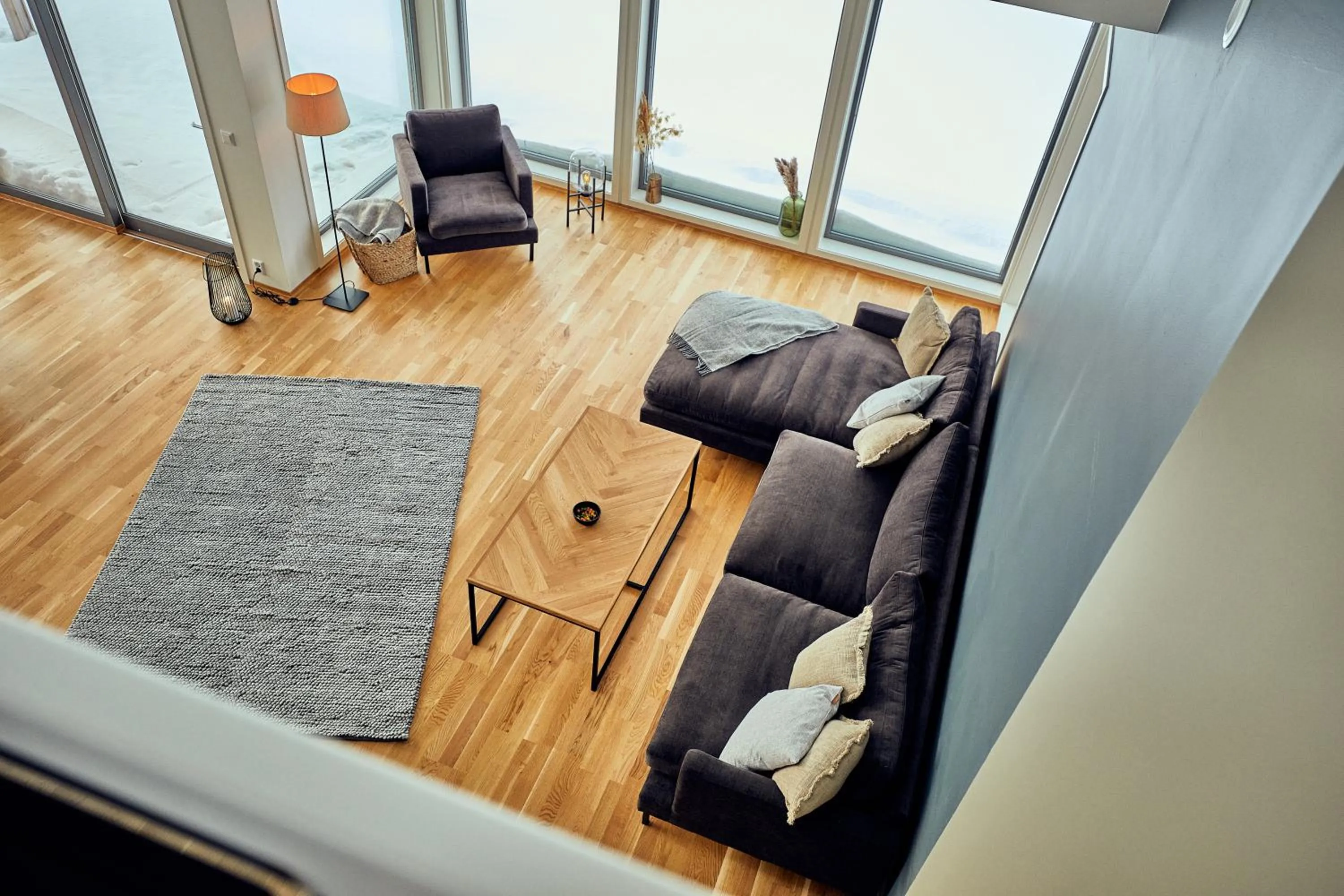 Living room in Lofoten panorama luxury home with sauna in Reine