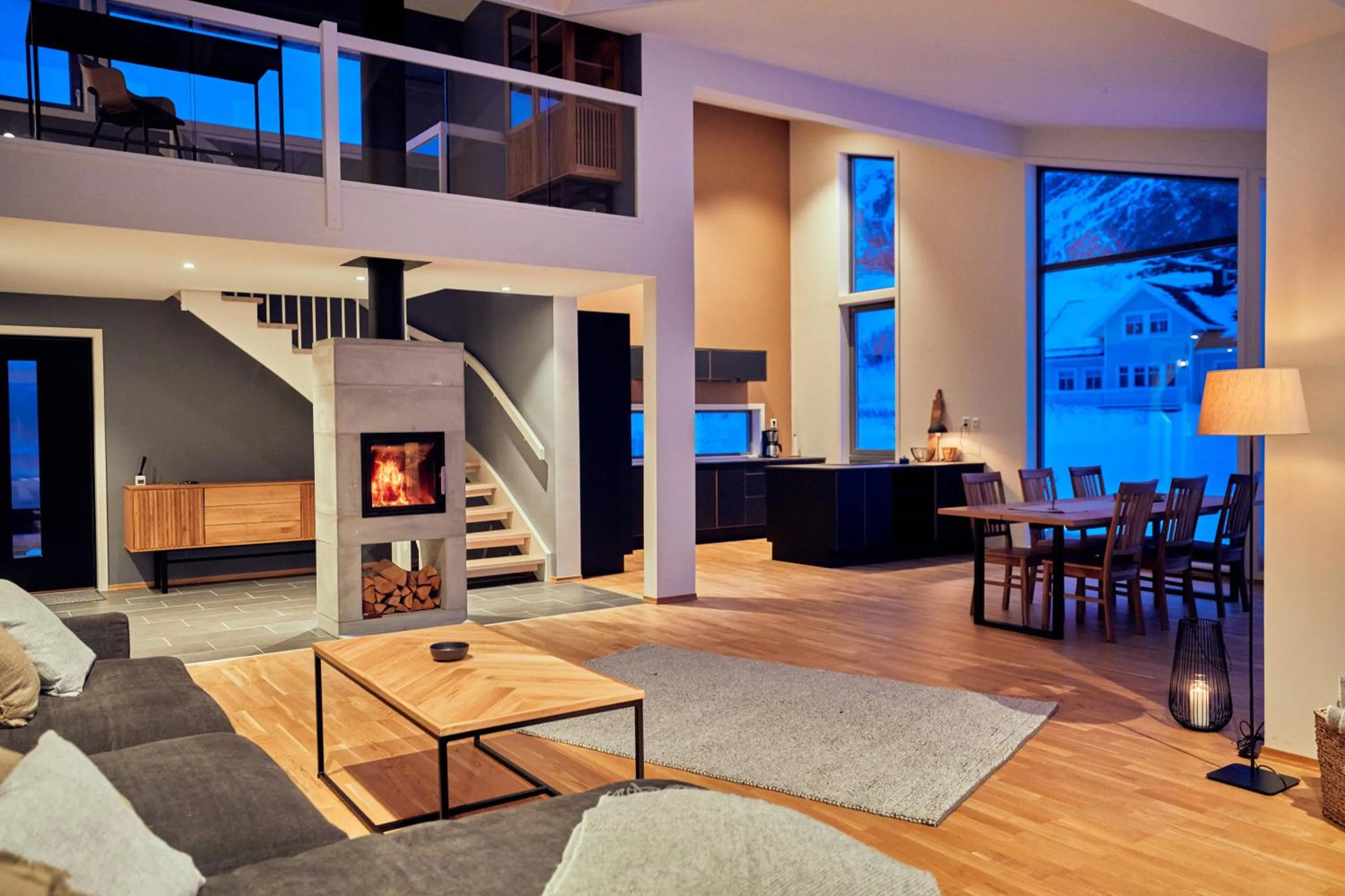 Living room in Lofoten panorama luxury home with sauna in Reine