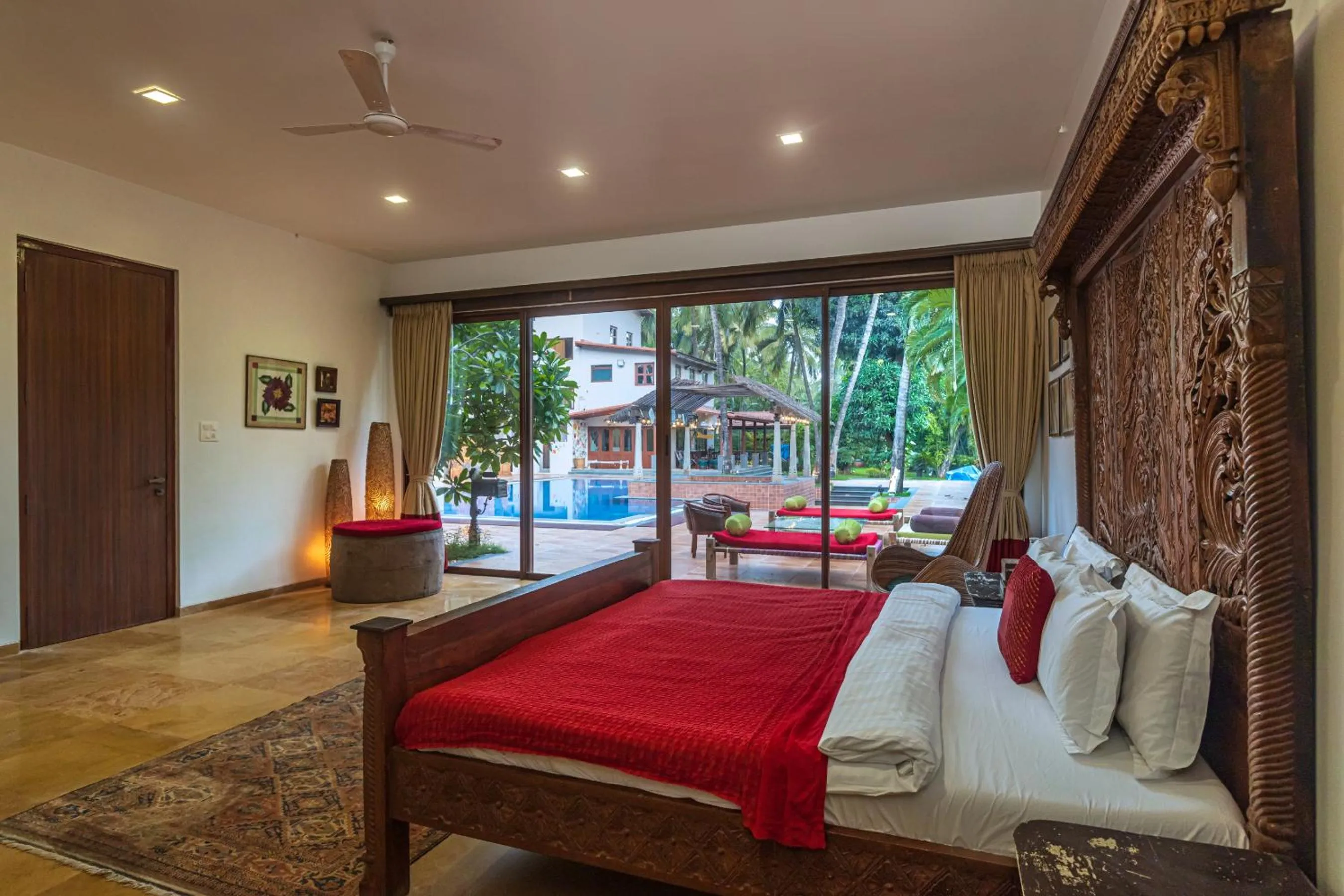 Bed in SaffronStays Casa Del Palms - 8BR luxury pool villa with gazebo, pickleball, bar & lawns near Nagaon Beach