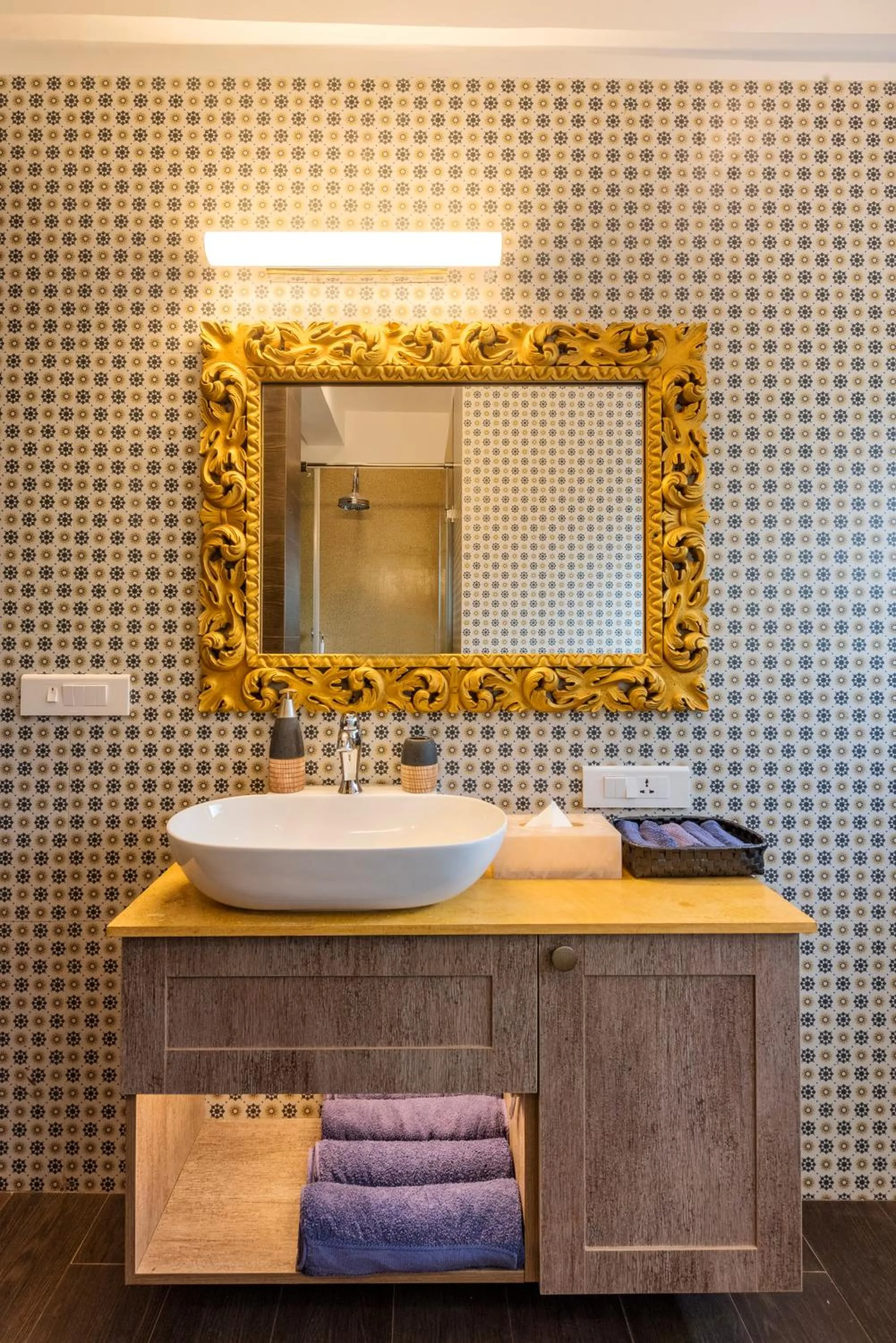 Bathroom in SaffronStays Casa Del Palms - 8BR luxury pool villa with gazebo, pickleball, bar & lawns near Nagaon Beach