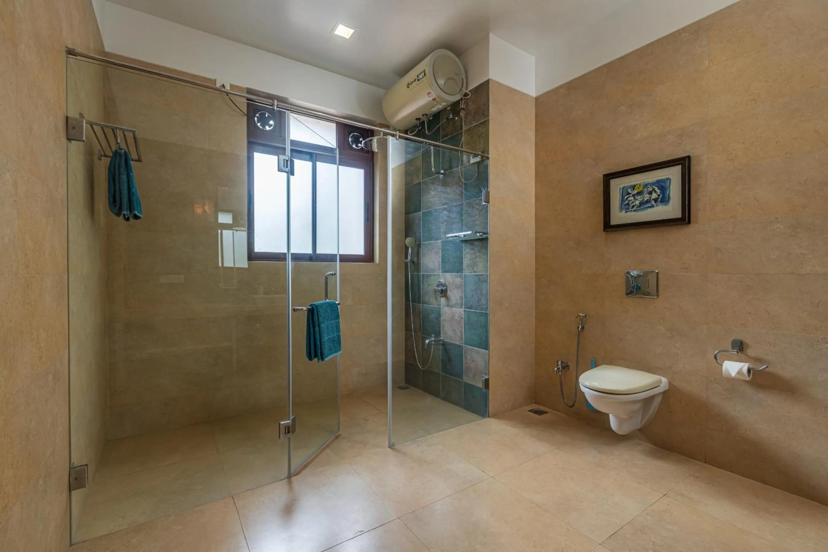 Shower in SaffronStays Casa Del Palms - 8BR luxury pool villa with gazebo, pickleball, bar & lawns near Nagaon Beach