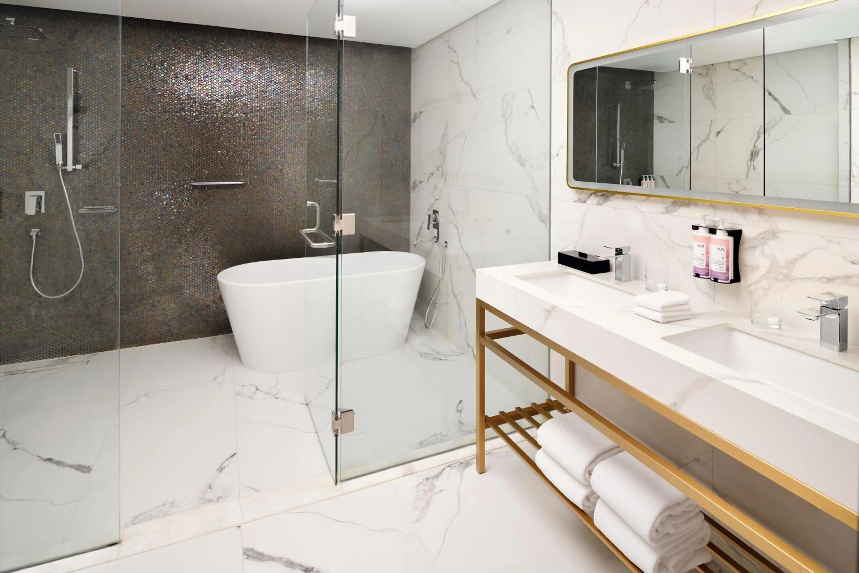 Bathroom, Bed in Movenpick Jumeirah Village Triangle