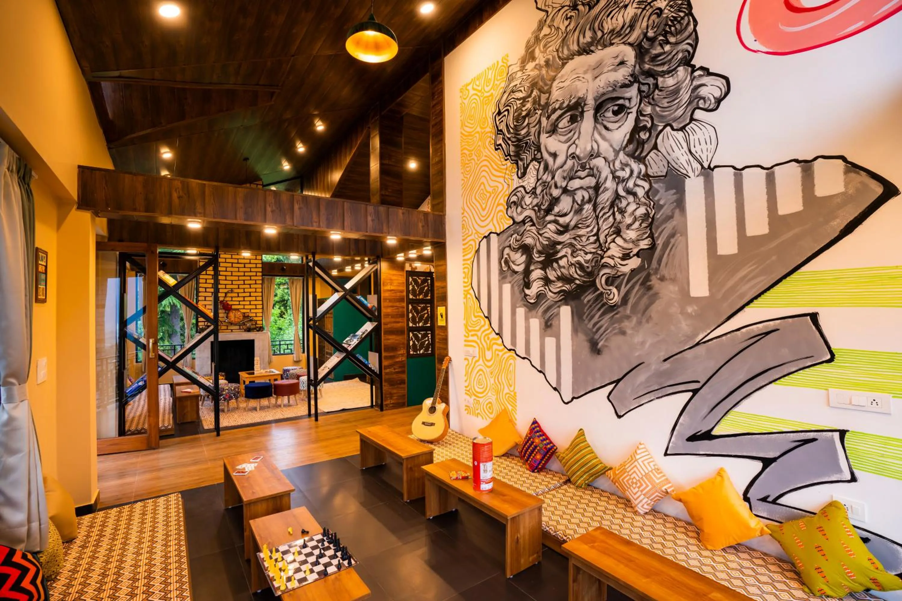 Seating area in Zostel Manali, Vashisht