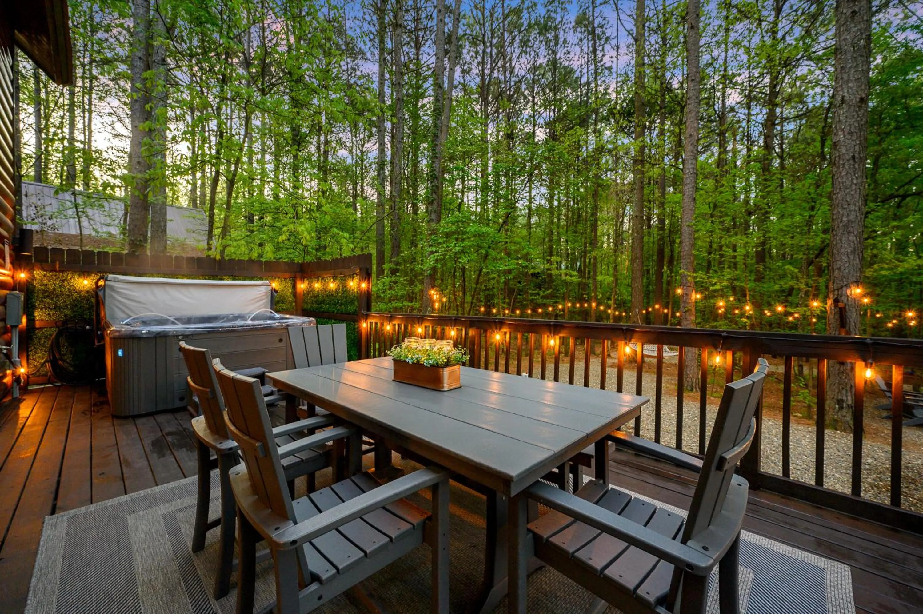 Balcony/Terrace in Hickory Bear - Cabin surrounded by pines, Sleeps 10, Hot Tub, Fire Pit, Arcade, Foosball Table & Deck Slide