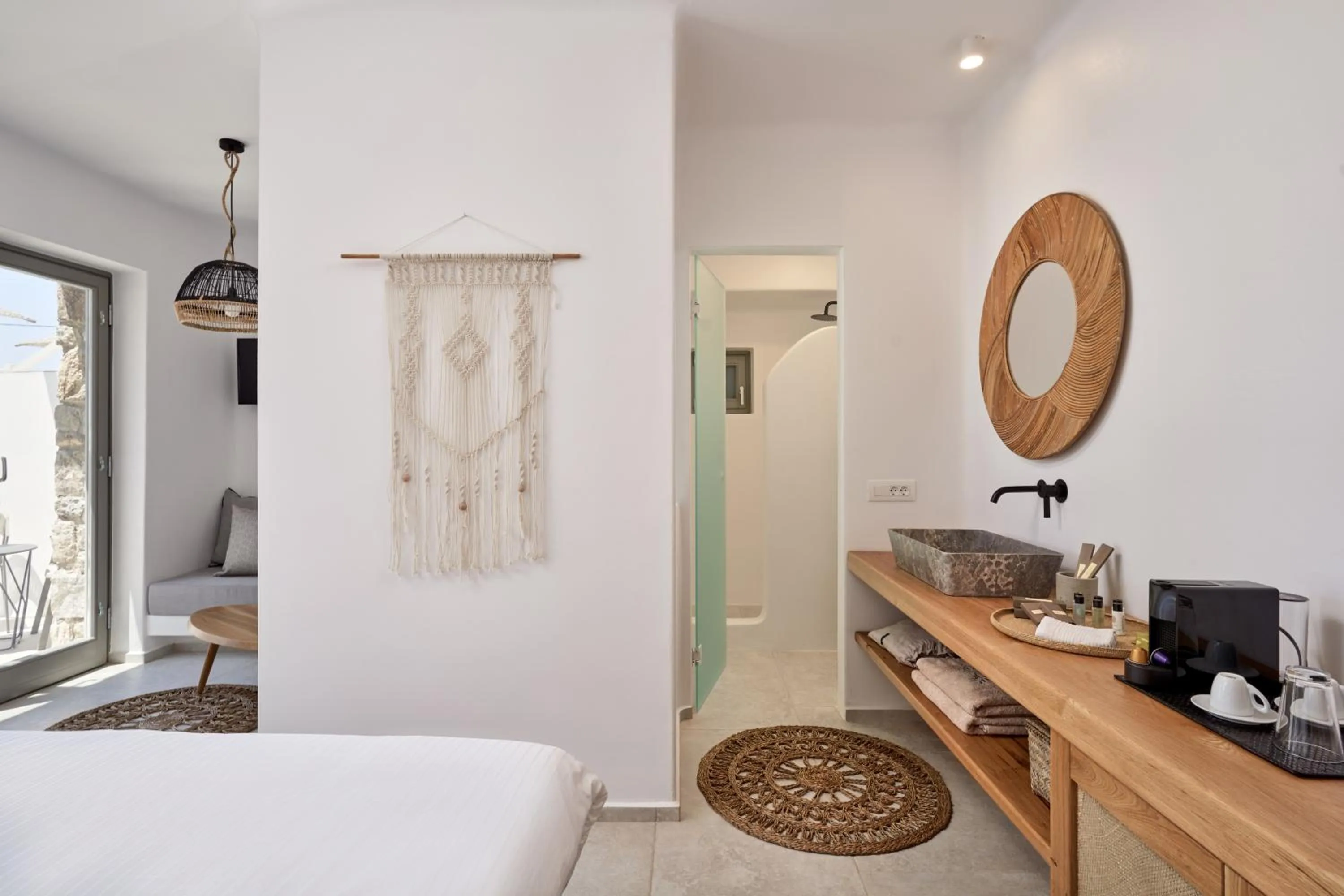 Pool view, Bed in Ionic Suites