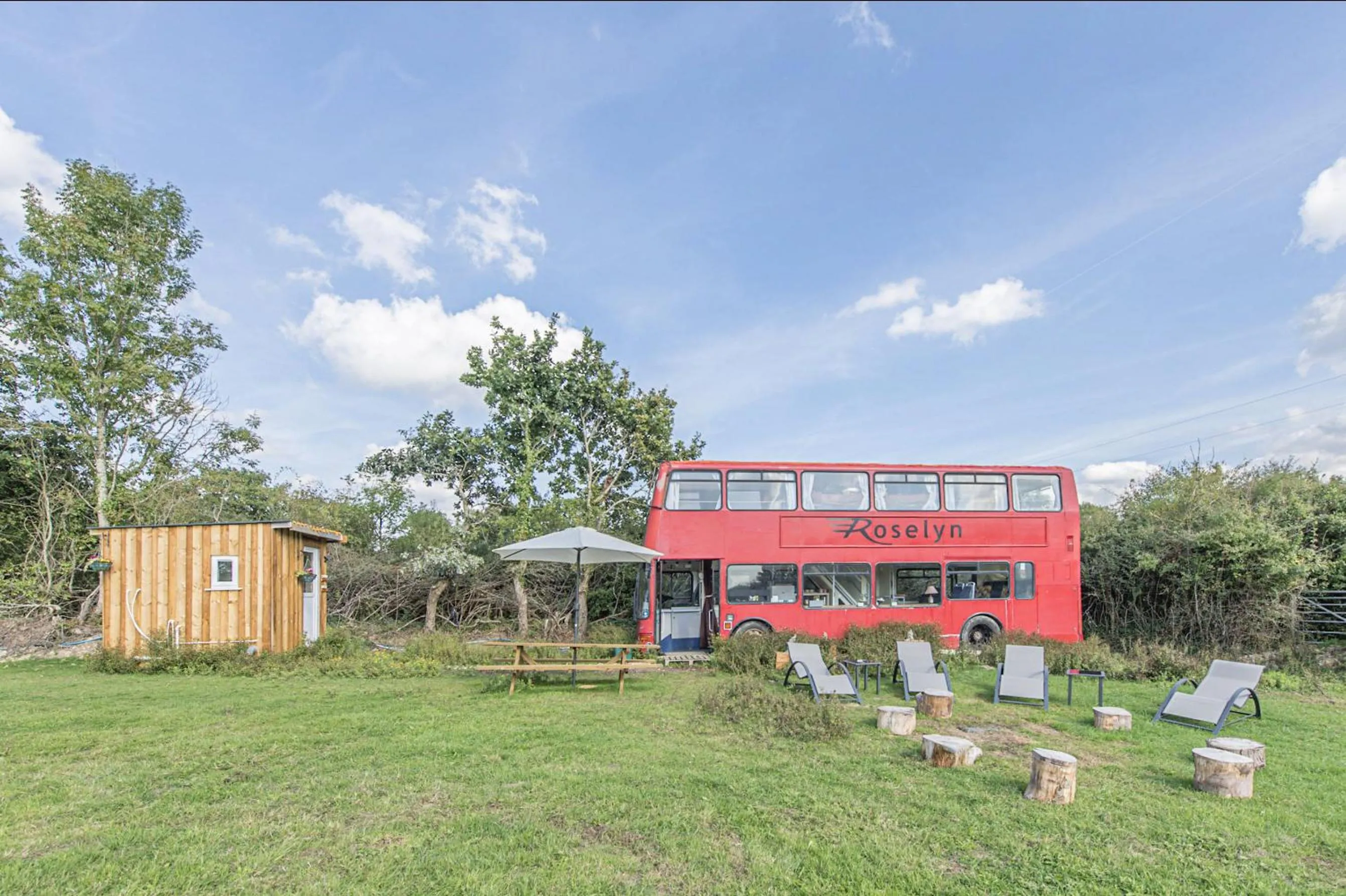 Garden in Double Decker Bus on an Alpaca Farm sleeps 8