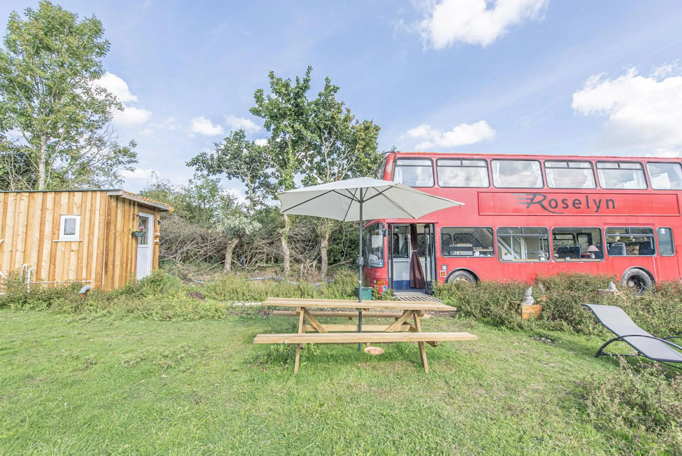 Garden in Double Decker Bus on an Alpaca Farm sleeps 8