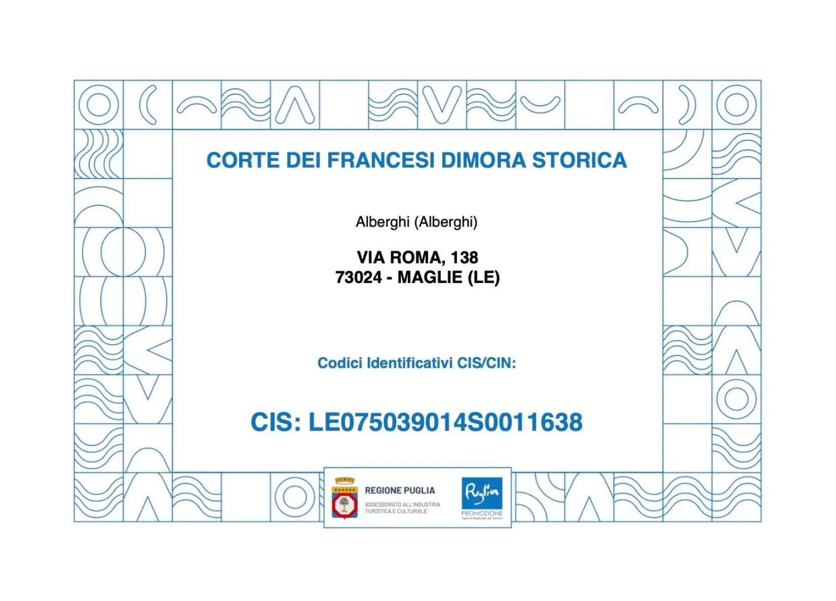 Certificate/Award in Corte Dei Francesi