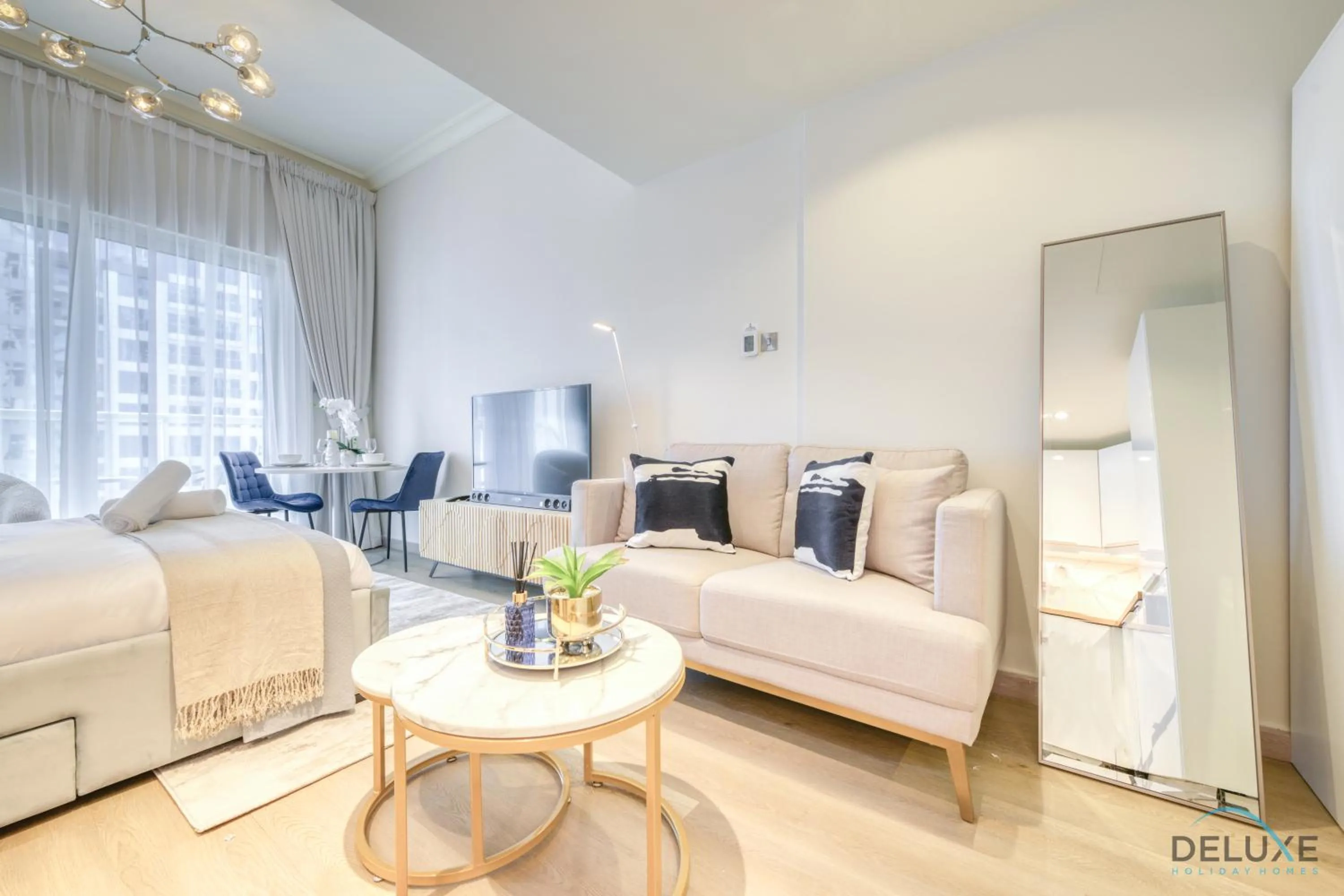Living room, Bed in Stunning Studio at Marina Views A Dubai Marina by Deluxe Holiday Homes
