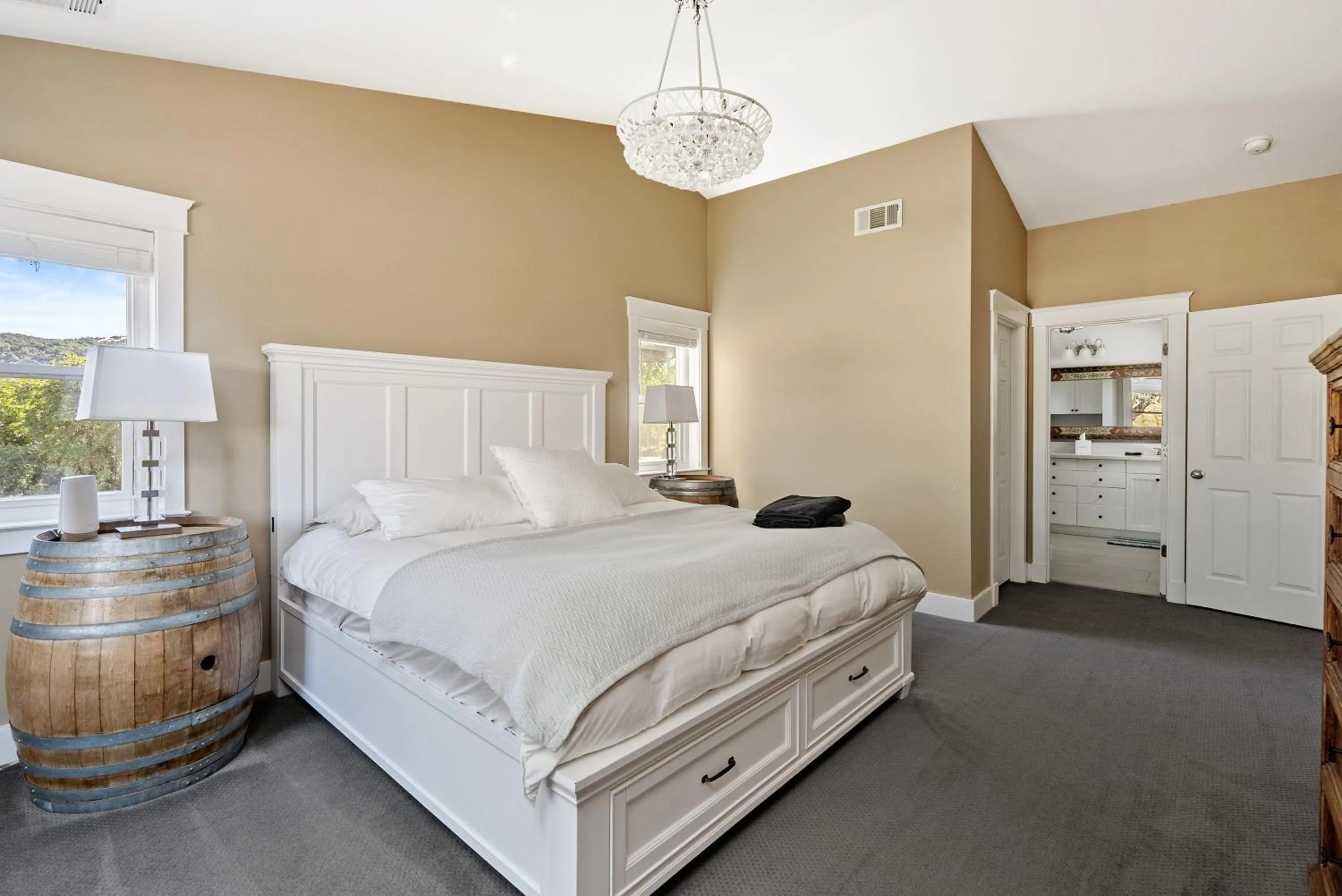 Bed in Paso Wine Country Farmhouse with Pool, Spa, Game Room