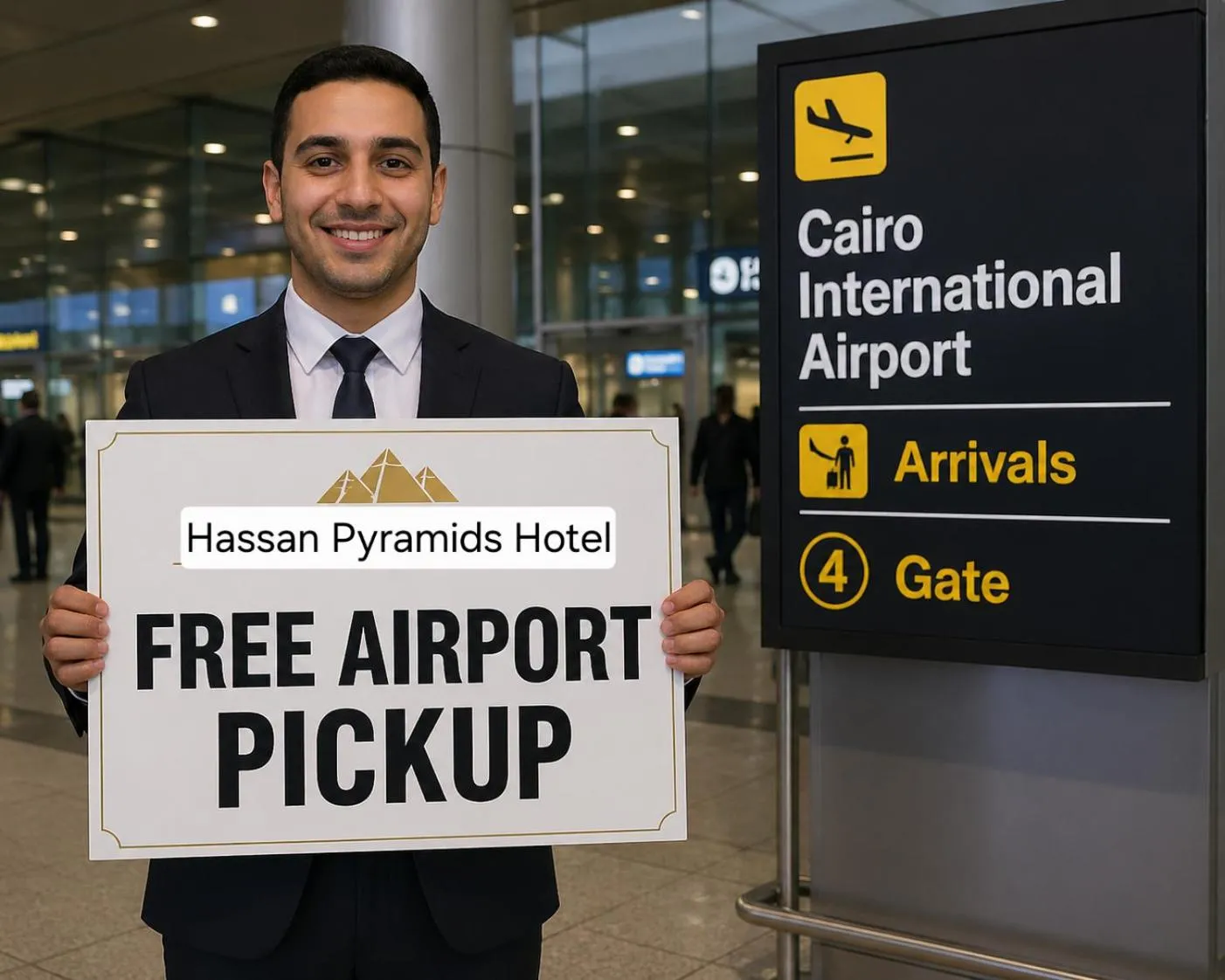 Logo/Certificate/Sign in Hassan Pyramids Hotel & free access Rooftop & airport pickup