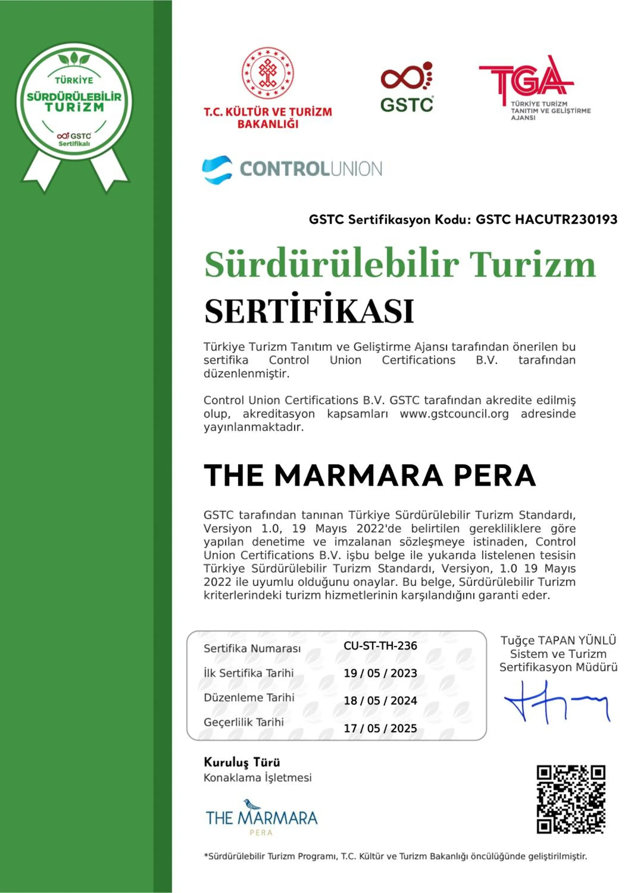 Certificate/Award in The Marmara Pera