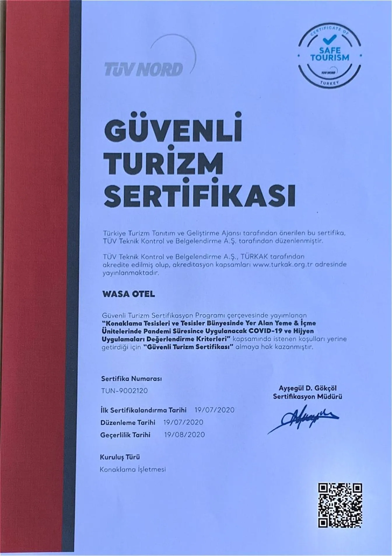 Certificate/Award in Wasa Hotel