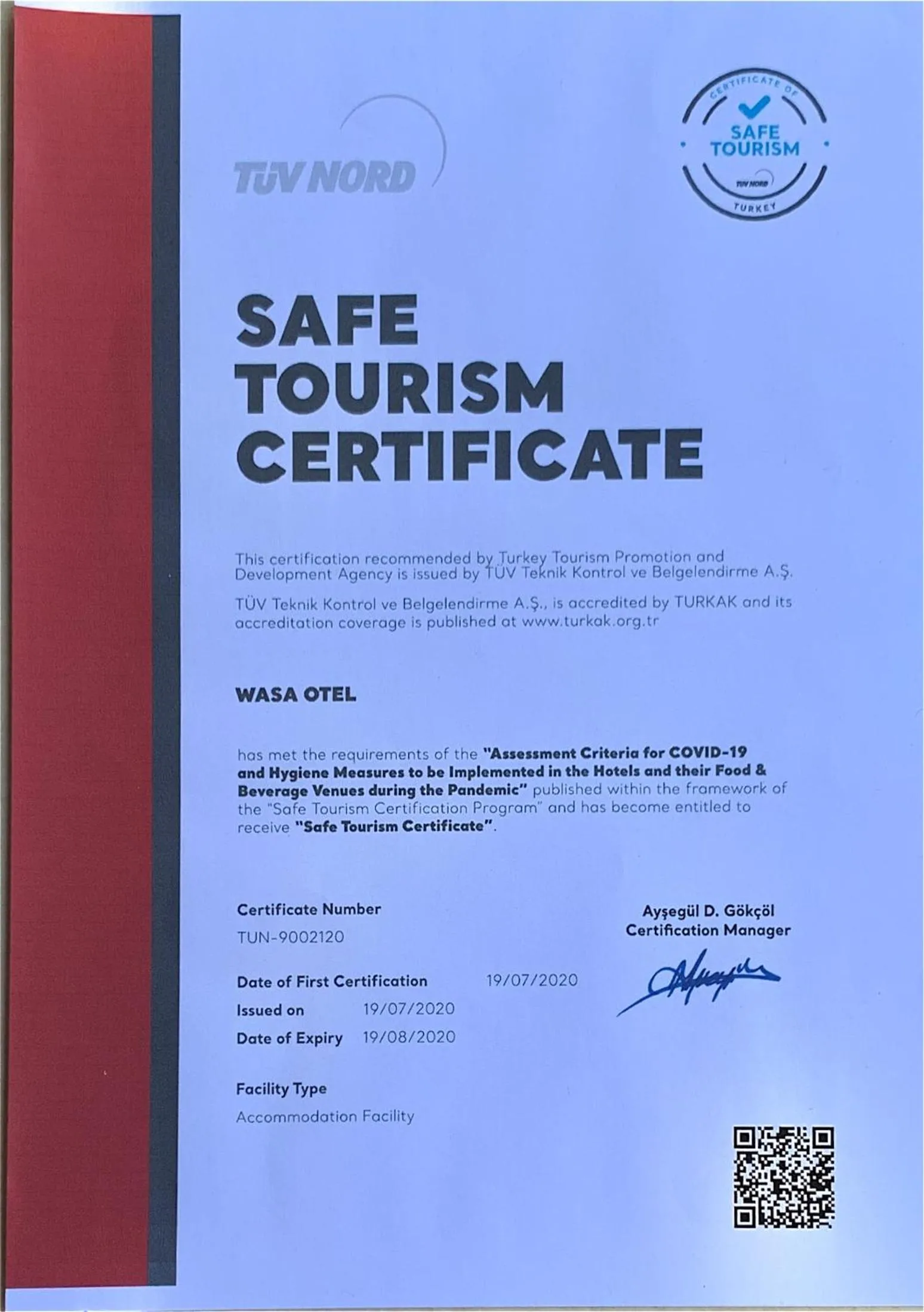 Certificate/Award in Wasa Hotel