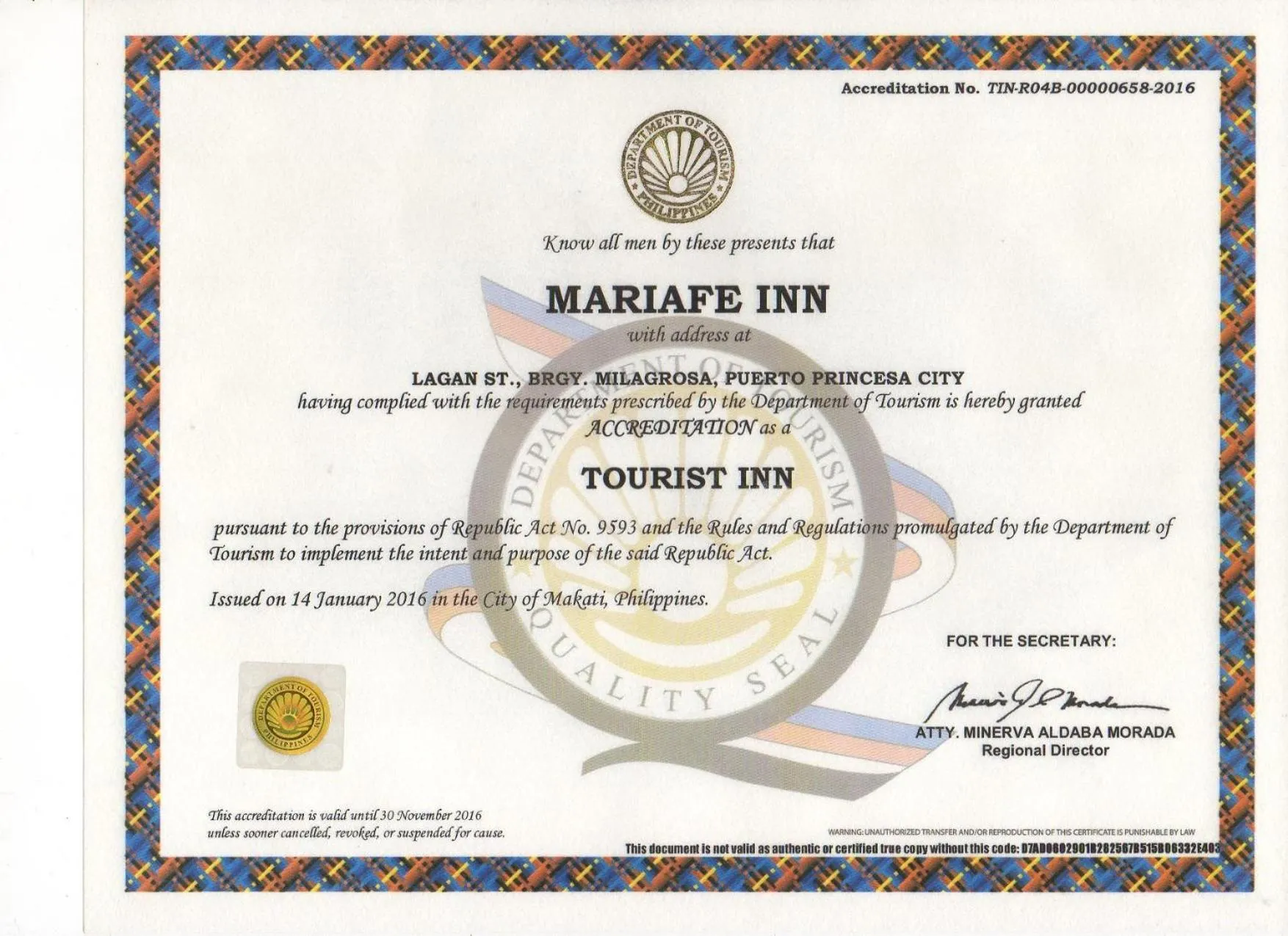 Certificate/Award in Mariafe Inn