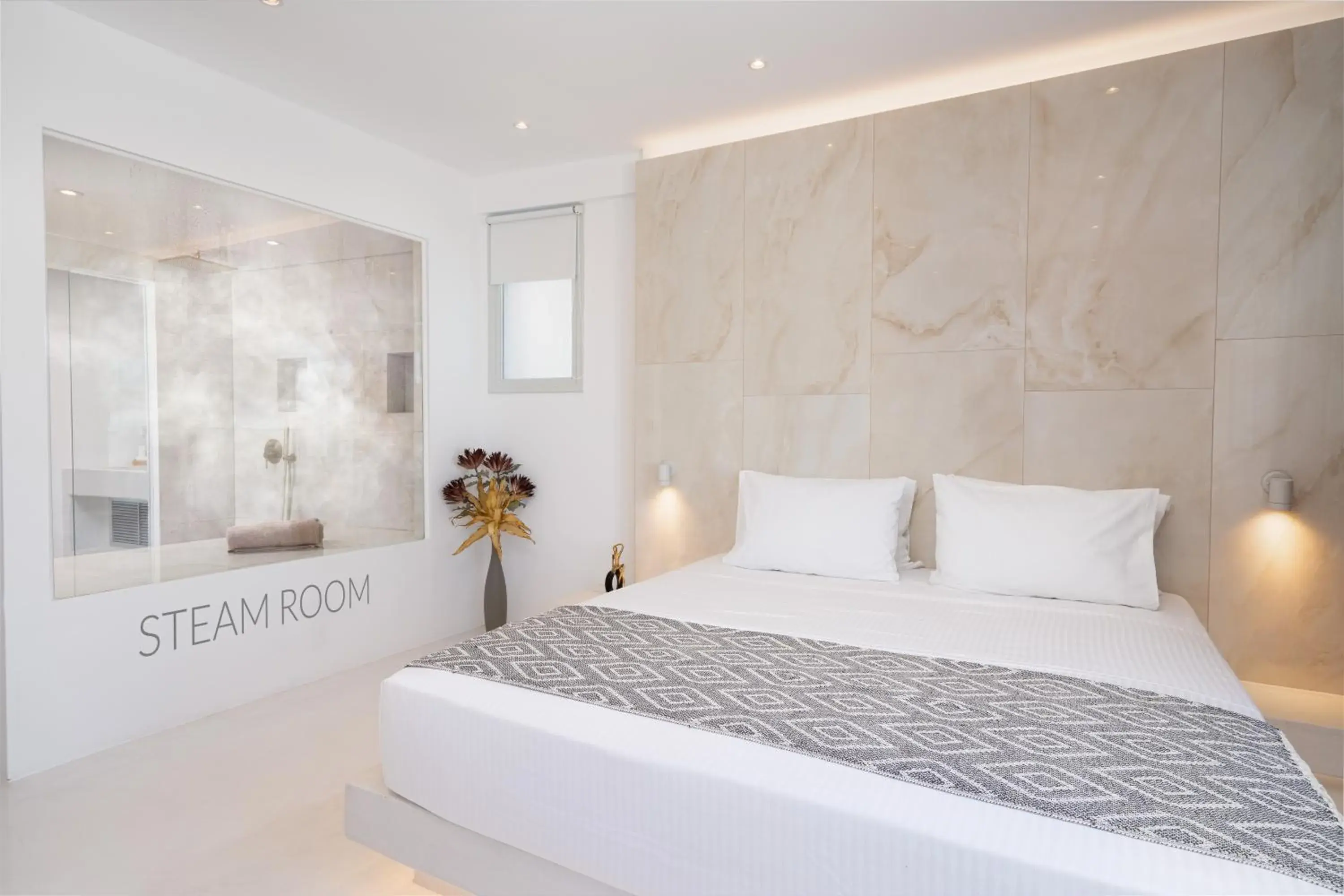 Steam room, Bed in Cycladic Suites & Spa Steam room, Bed in Cycladic Suites & Spa