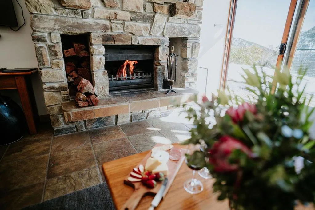 fireplace in Alpine Woodsmoke Apartments