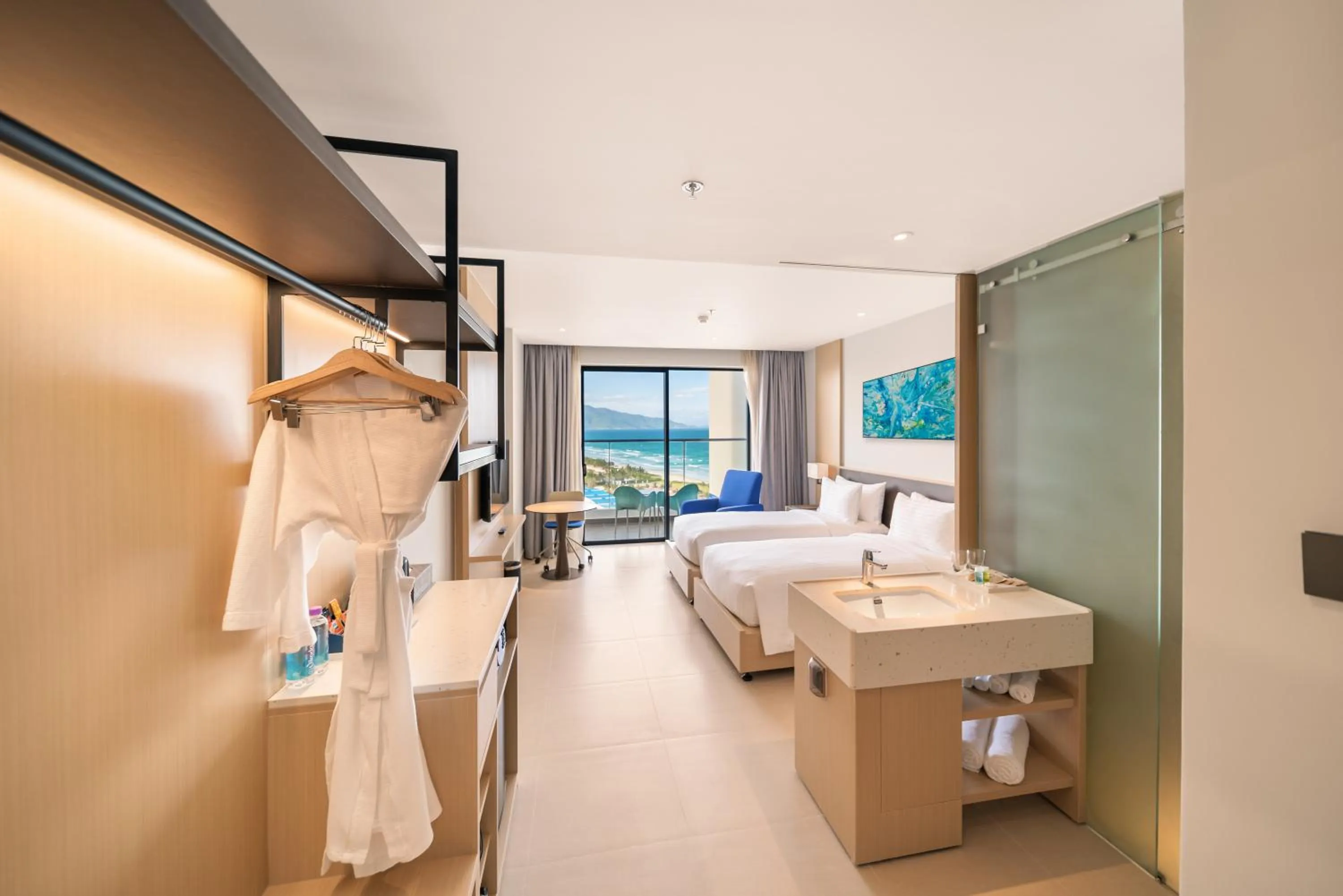 Bathroom, Bed in The Empyrean Cam Ranh Beach Resort