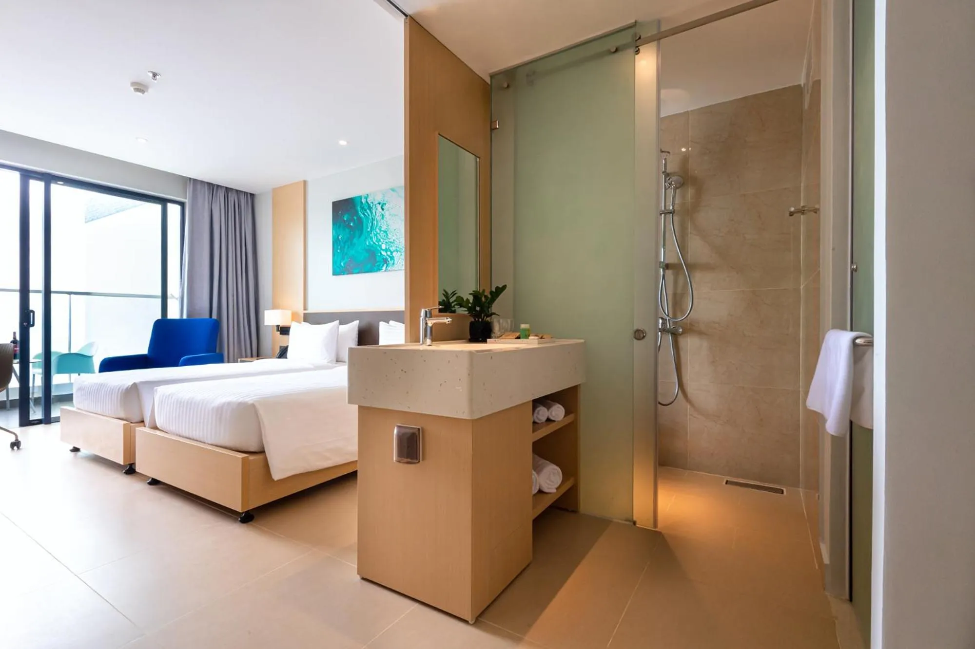 Bathroom, Bed in The Empyrean Cam Ranh Beach Resort