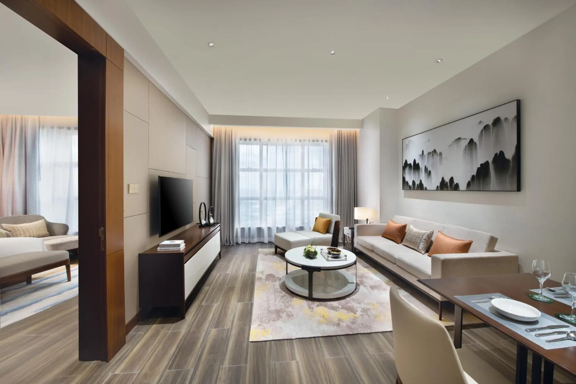 Living room, Bed in Oakwood Residence Foshan