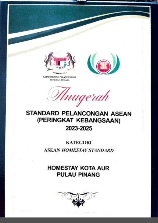 Certificate/Award in HOMESTAY Kampong KOTA AUR Resort with swimming pool, Kepala Batas, SEBERANG PERAI, PENANG -MOTAC registered Awarded ASEAN homestay standard Malaysia AWARD 2023-2028 Only 3 minutes from viral KG AGONG