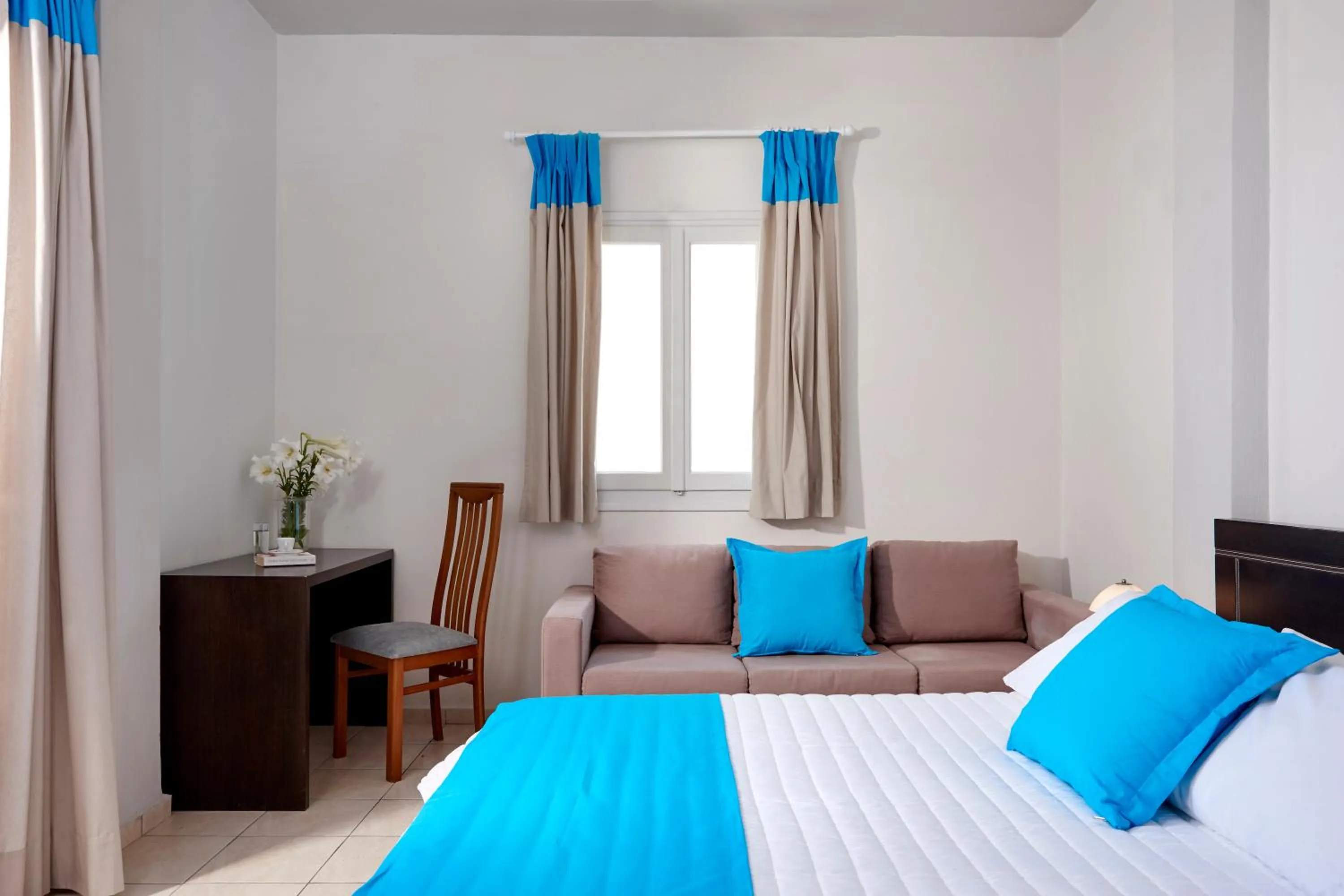 Bedroom, Bed in Terra Blue Santorini