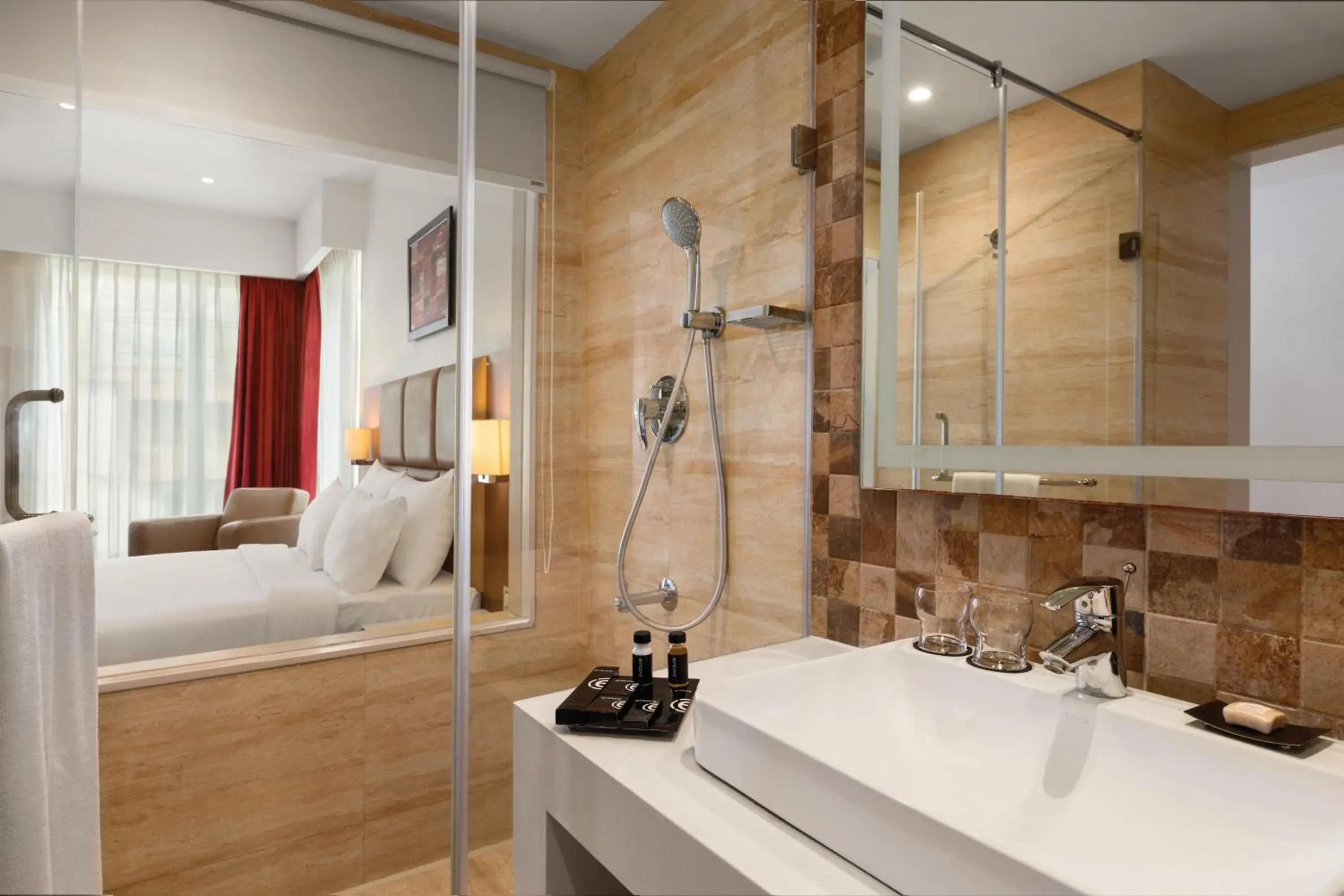 Bathroom, Bed in Ramada Encore Domlur Bangalore Bathroom, Bed in Ramada Encore Domlur Bangalore