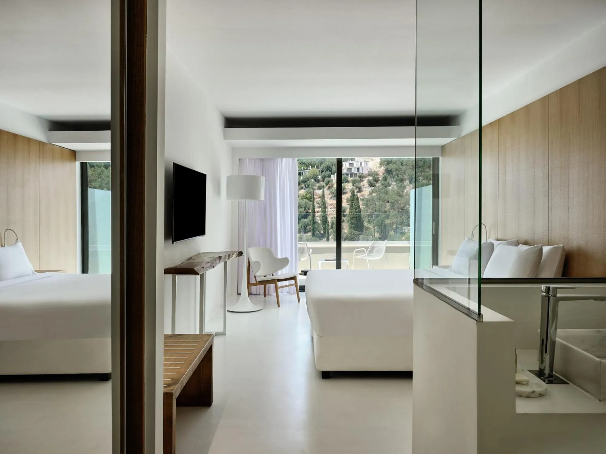 Bathroom, Bed in Atlantica Nissaki Beach - Adults Only