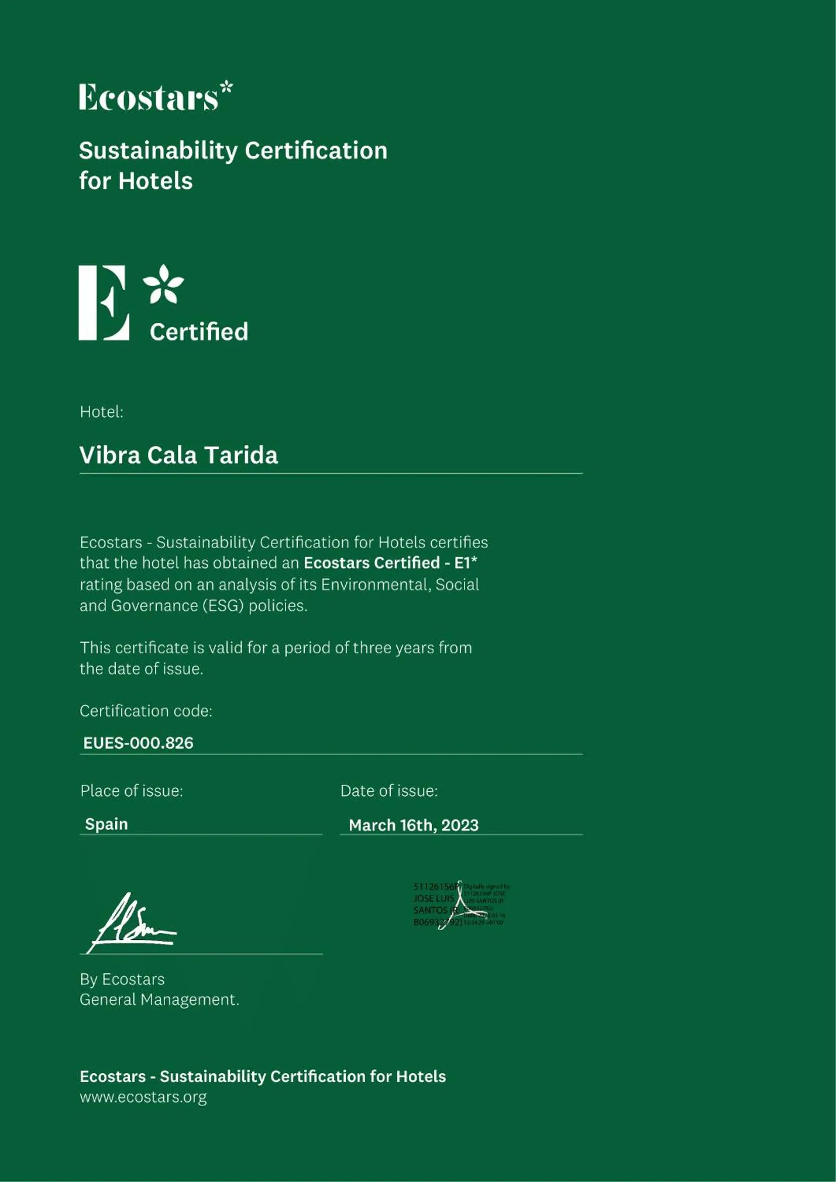 Certificate/Award in Hotel Vibra Cala Tarida-3SUP