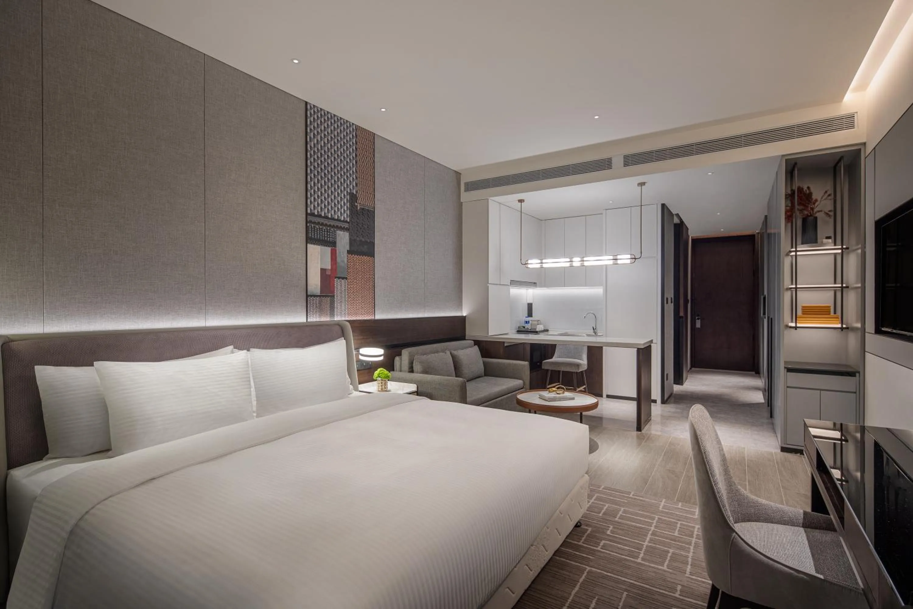 Kitchen or kitchenette, Bed in Wanda Jin Xiaohe Xincheng