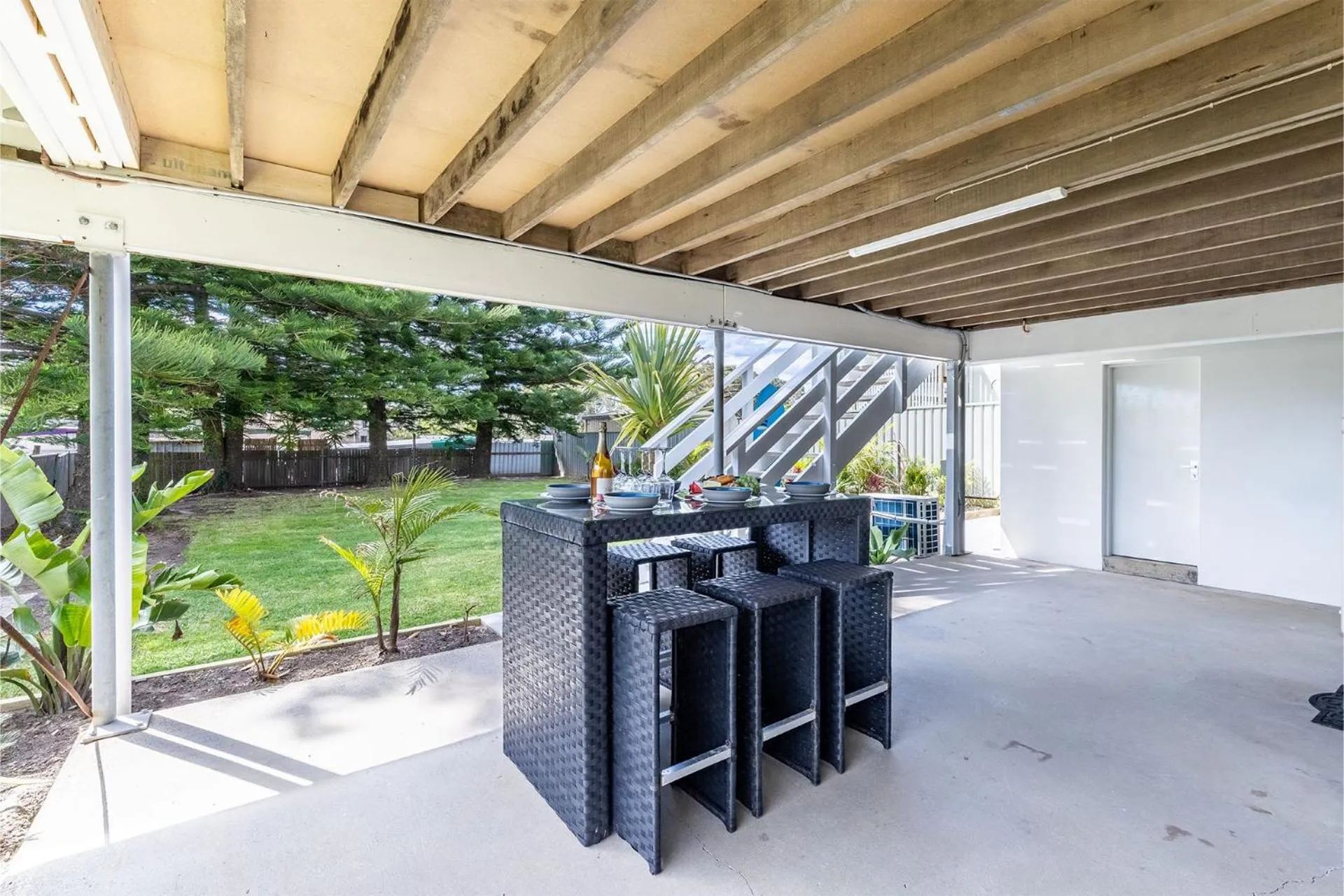 Patio in Five Pines Beach House at Birubi 20 Robinson St pet friendly aircon and WiFi