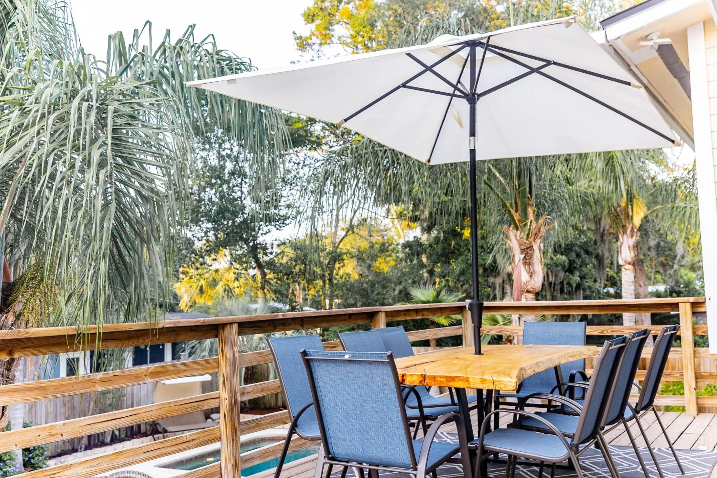 Patio in Pool & Hot Tub Home w Game Room! 1 Mile to Beach!