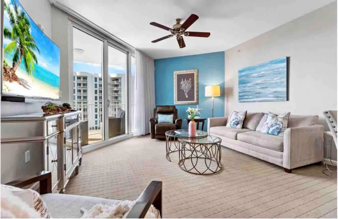 Bed in Pink Sunsets at the Palms of Destin Across from Beach, Heated Pool Shuttle & Dining