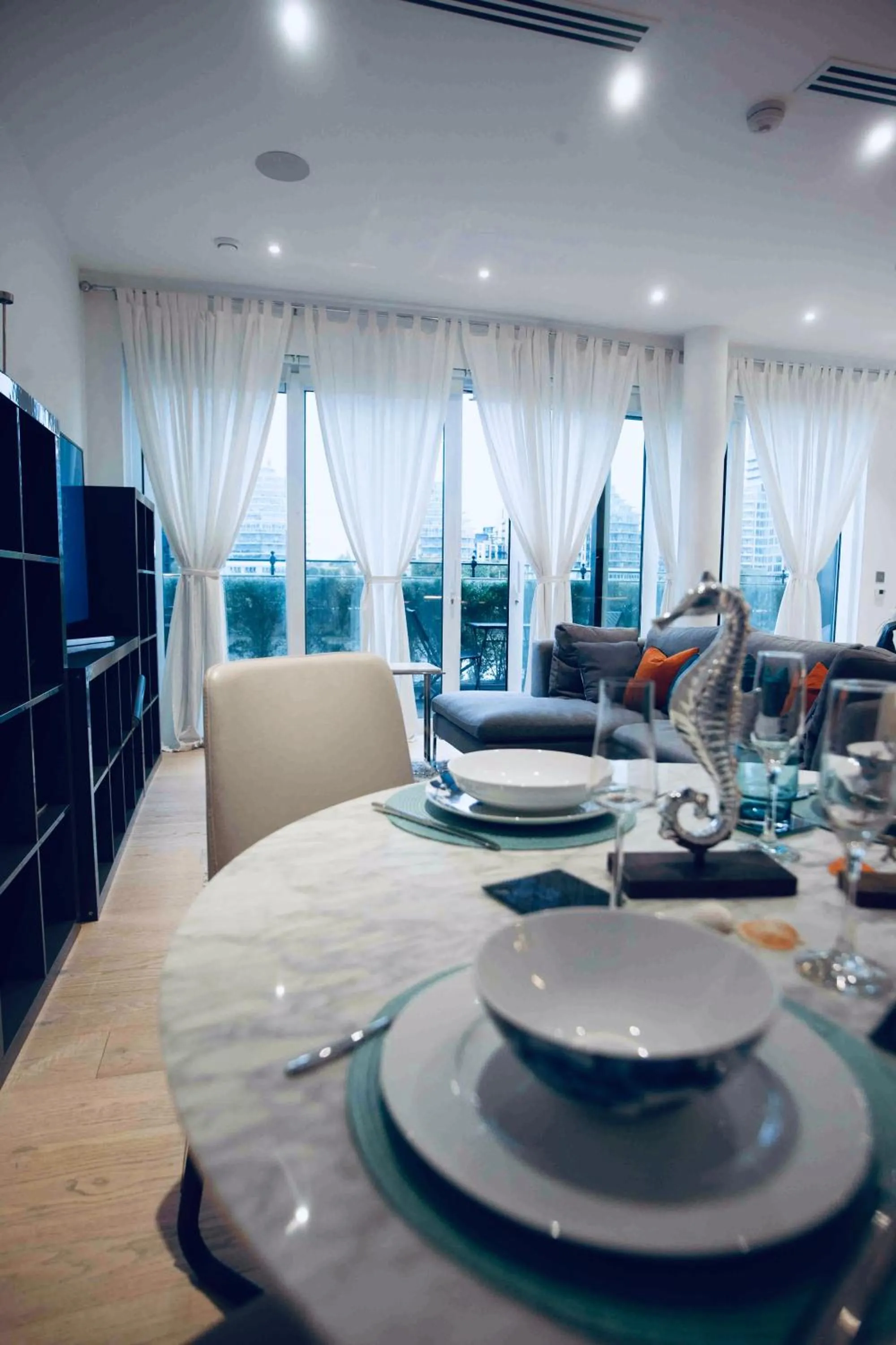 Dining area in Thames riverside apartment in London