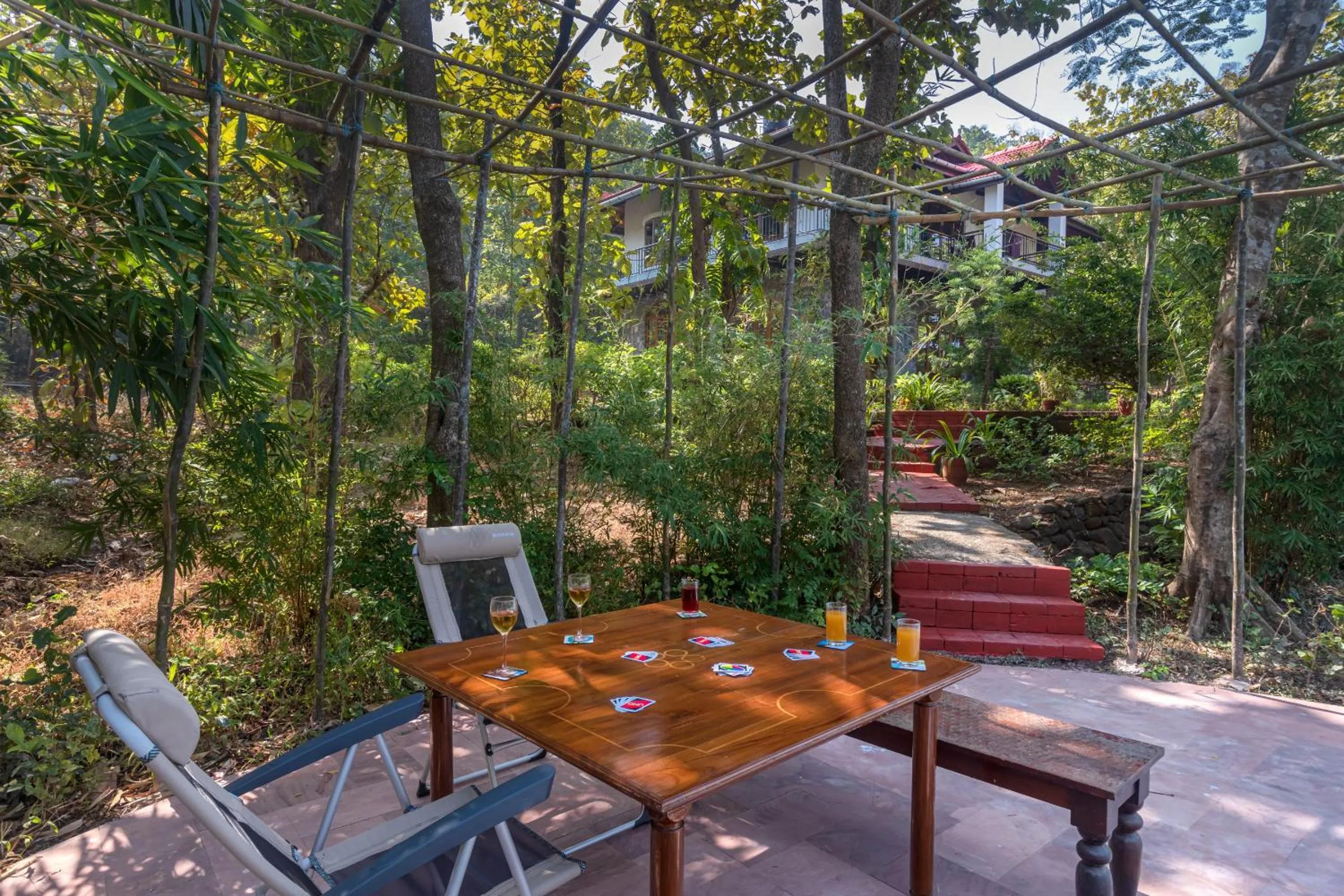 Patio in Saffronstays Alma Grove 3 BR Pet friendly with Pool & Nature View