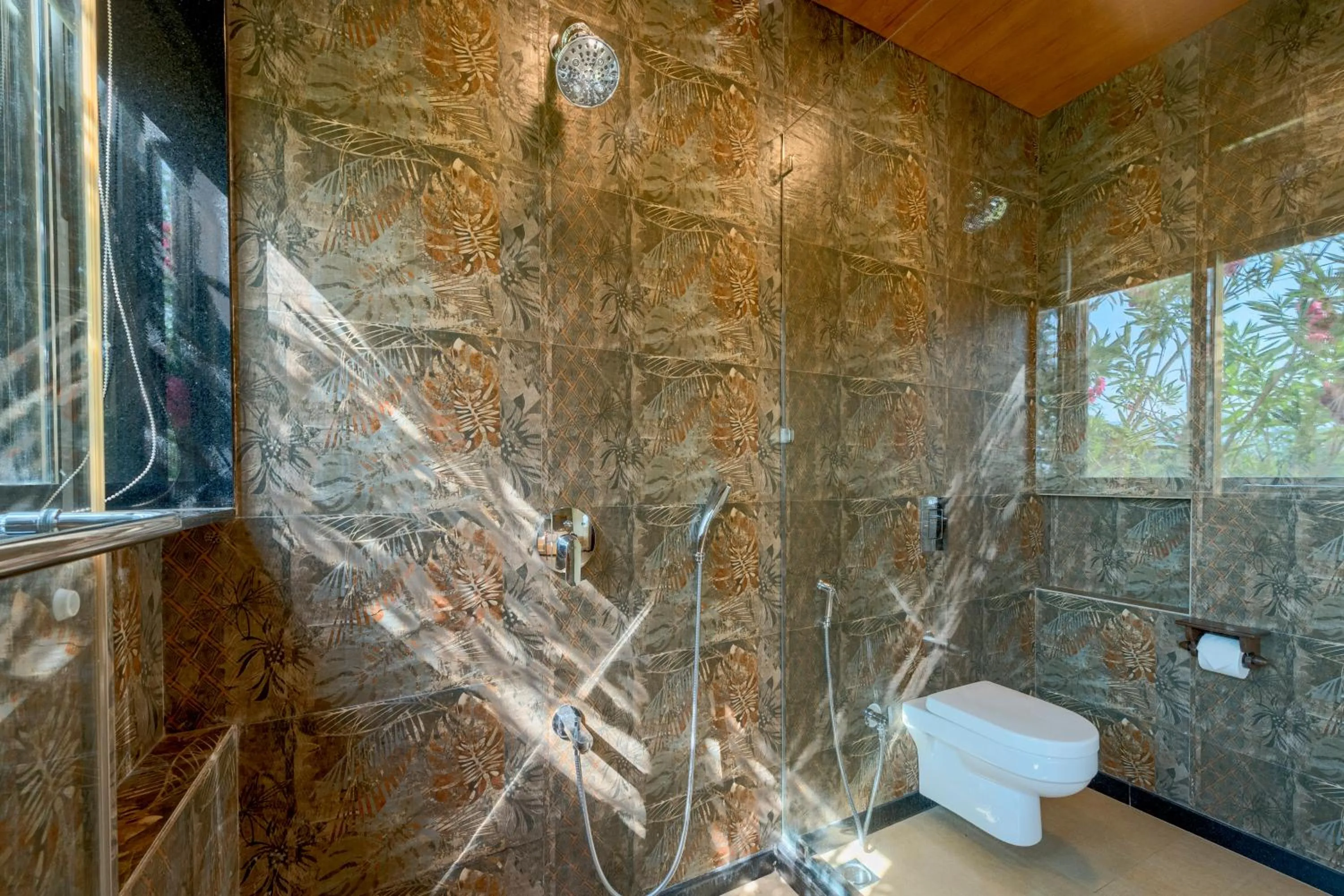 Shower in SaffronStays Althea - 4BR veg-only luxury villa with pool, jacuzzis, gourmet meals and Lohagad-Pawna lake views