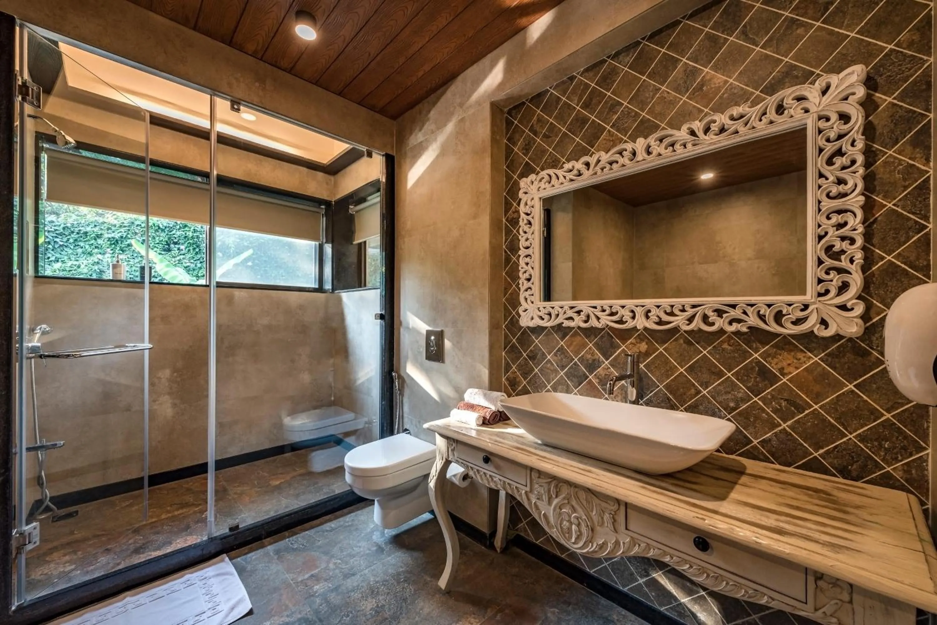 Shower in SaffronStays Althea - 4BR veg-only luxury villa with pool, jacuzzis, gourmet meals and Lohagad-Pawna lake views