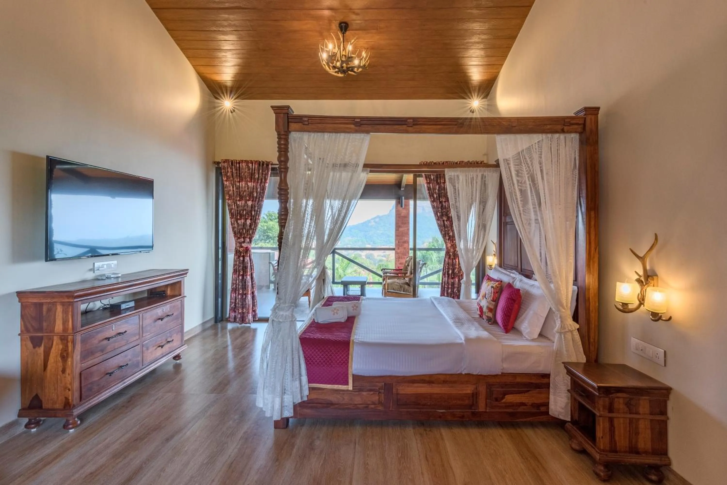 Bed in SaffronStays Althea - 4BR veg-only luxury villa with pool, jacuzzis, gourmet meals and Lohagad-Pawna lake views