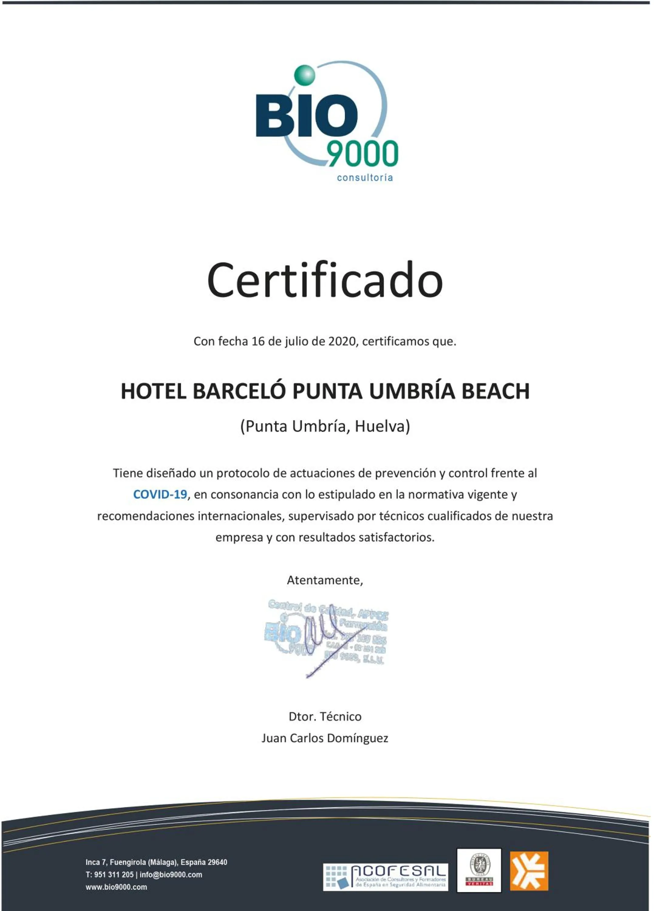 Certificate/Award in Barceló Punta Umbría Beach Resort