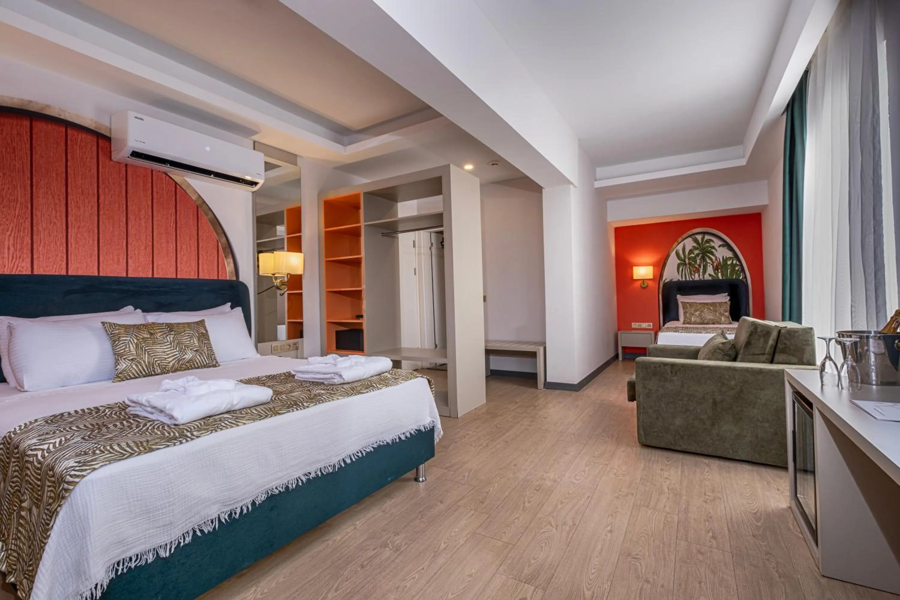 Patio, Bed in La Benata Beach Hotel