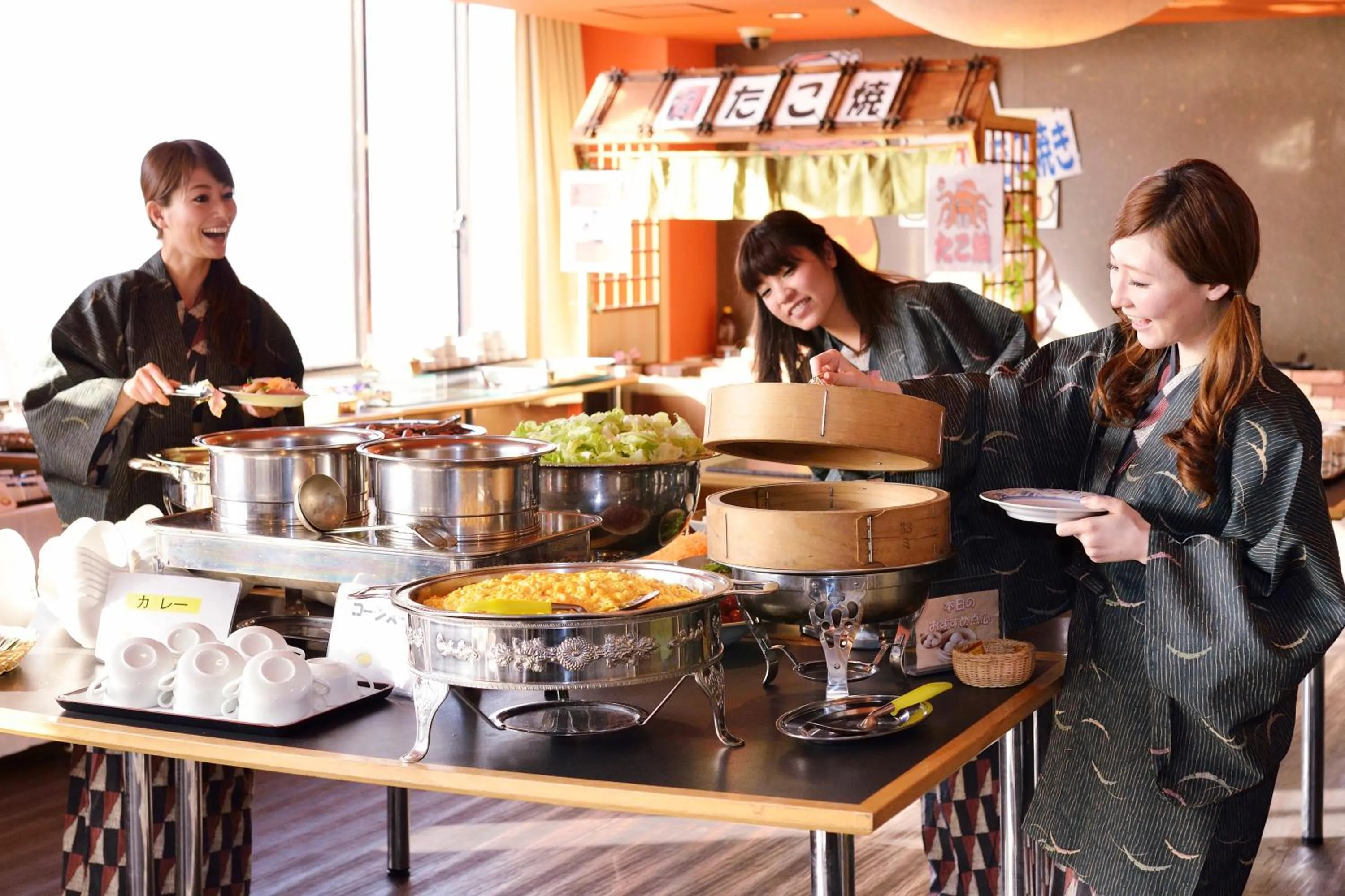 Breakfast in Hotel Seiryu Japanese Spa inn with spectacular view in Osaka