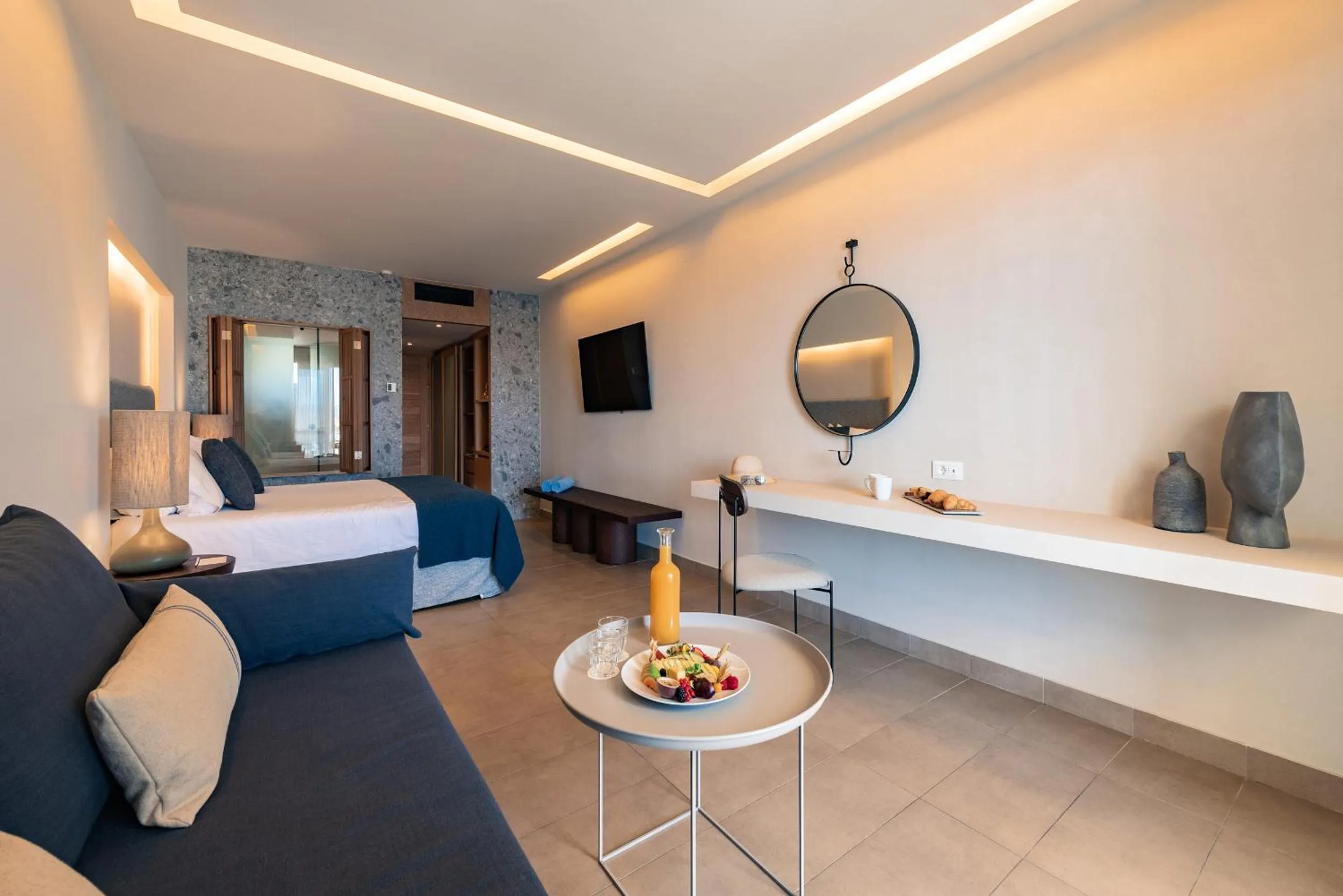 Seating area, Bed in Lindos Mare, Seaside Hotel