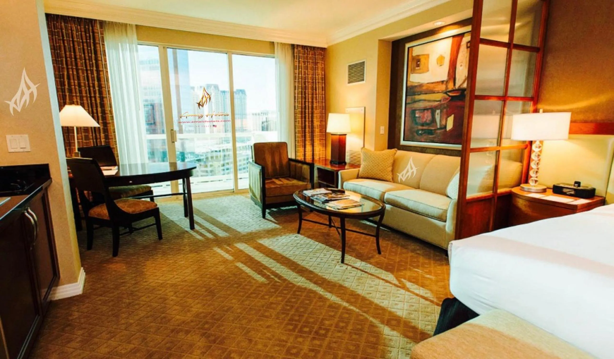 Living room, Bed in Amalz Balcony Suites at Mgm Signature !
