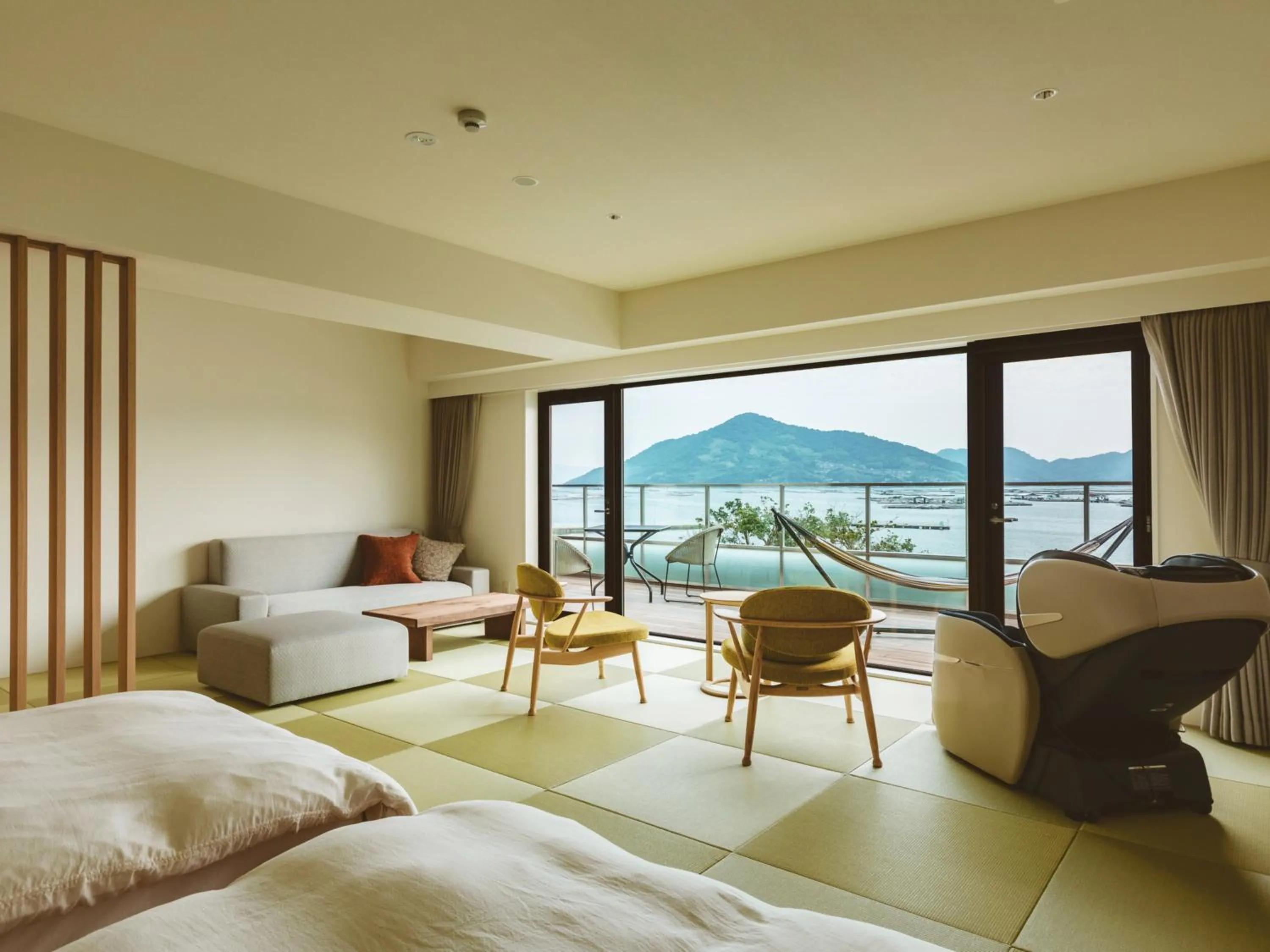 View (from property/room), Bed in Etajimasou Hotel & SPA Hiroshima