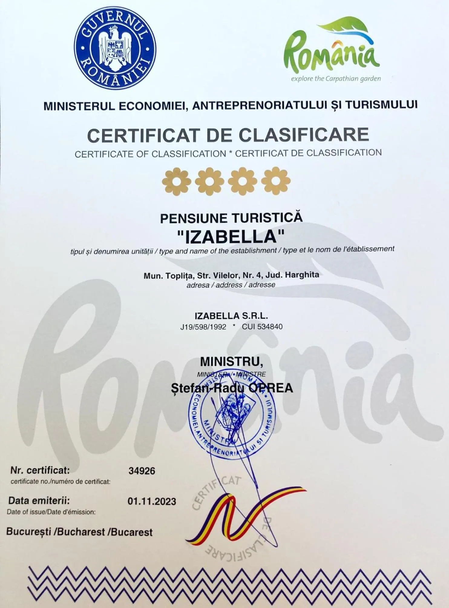 Logo/Certificate/Sign in PENSIUNEA IZABELLA, Izabella Chalet