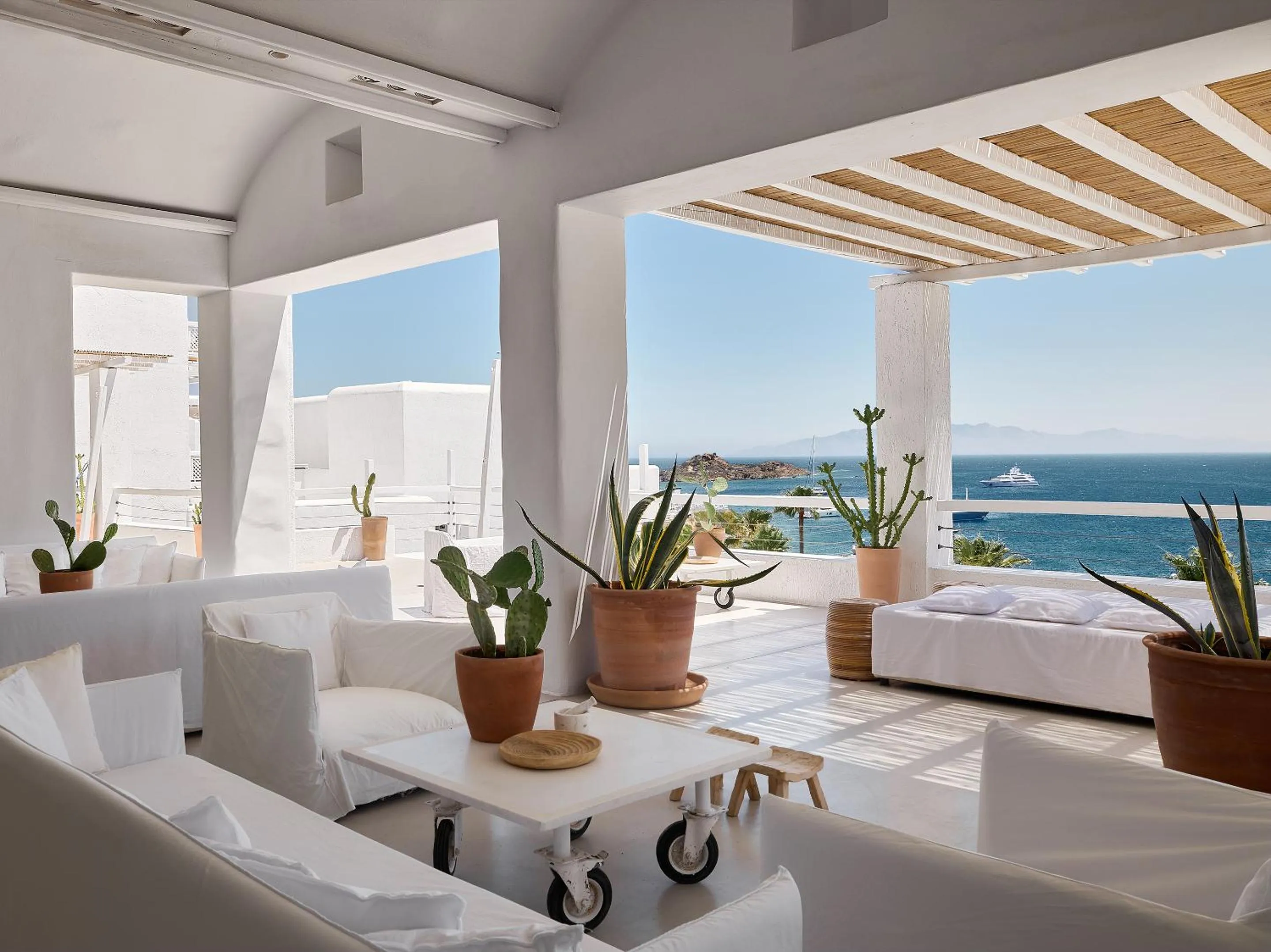 Patio, Bed in Mykonos Blu, A Grecotel Resort to Live