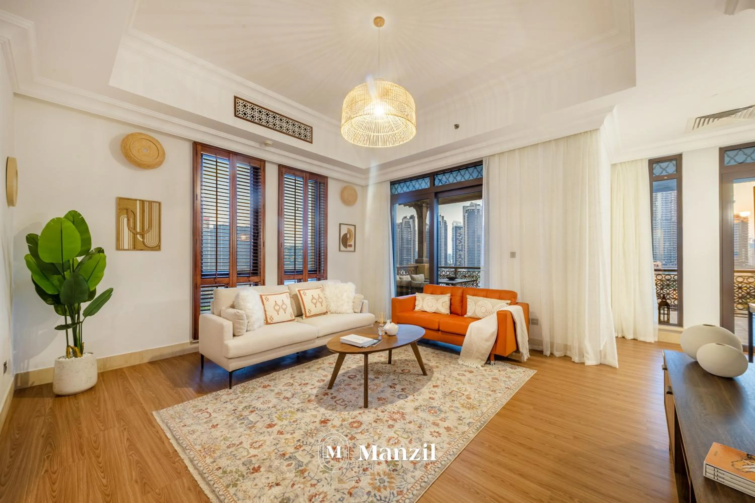 Living room in Manzil - Cozy 2BR Penthouse with Private Terrace and Full Burj View in Downtown