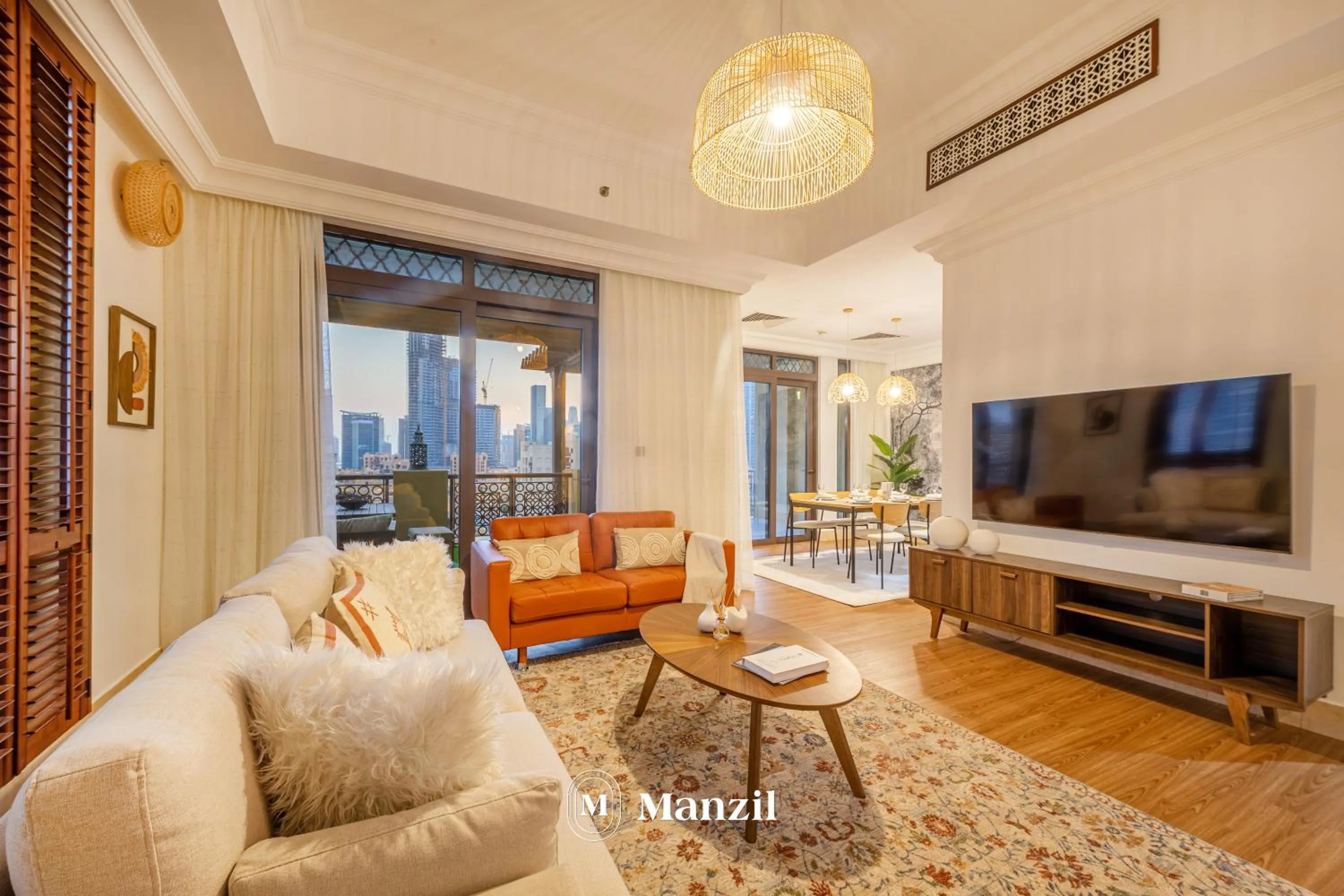 Living room in Manzil - Cozy 2BR Penthouse with Private Terrace and Full Burj View in Downtown